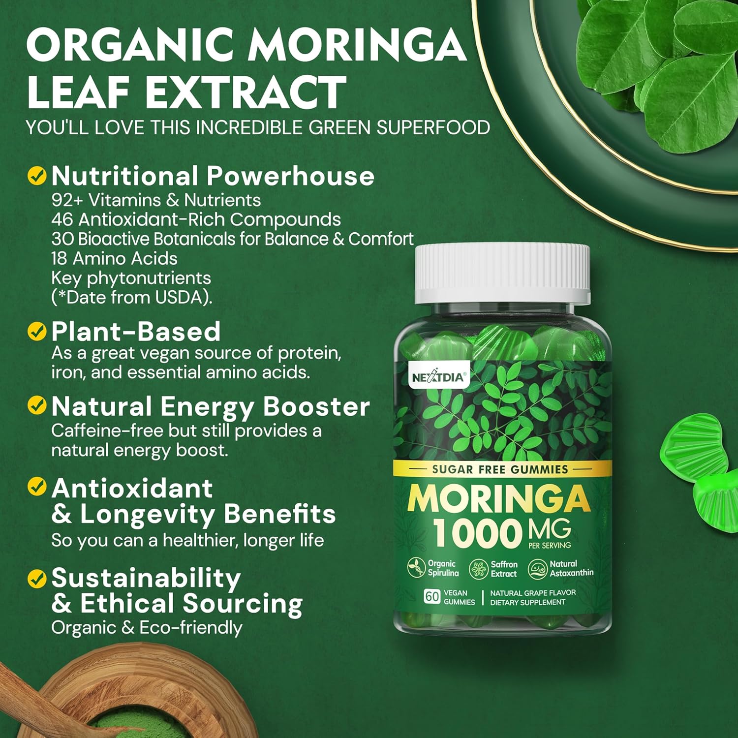 Moringa Gummies 1000mg + Spirulina, Saffron, Ashwagandha & Natural Astaxanthin 4 mg | Energy, Mood, Immune & Gut Health Green Superfood | Chewable Moringa Supplement for Women Men, Sugar Free, 120Cts