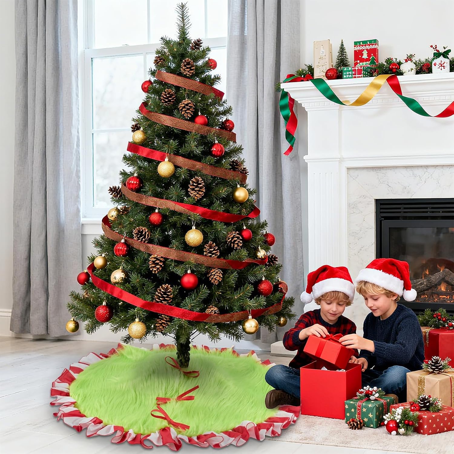 Christmas Tree Skirt, 36 Inch Large Green Faux Fur Christmas Tree Skirt with Peppermint Ruffle Trim, Faux Soft Thick Plush Round Mat for Merry Xmas Holiday Party Indoor Home Decorations