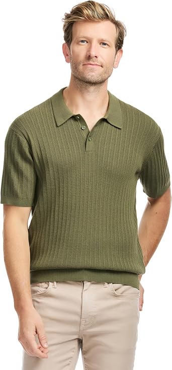 SAKS Fifth Avenue Mens Short Sleeve Vertical Texture Rib Knit Sweater Polo