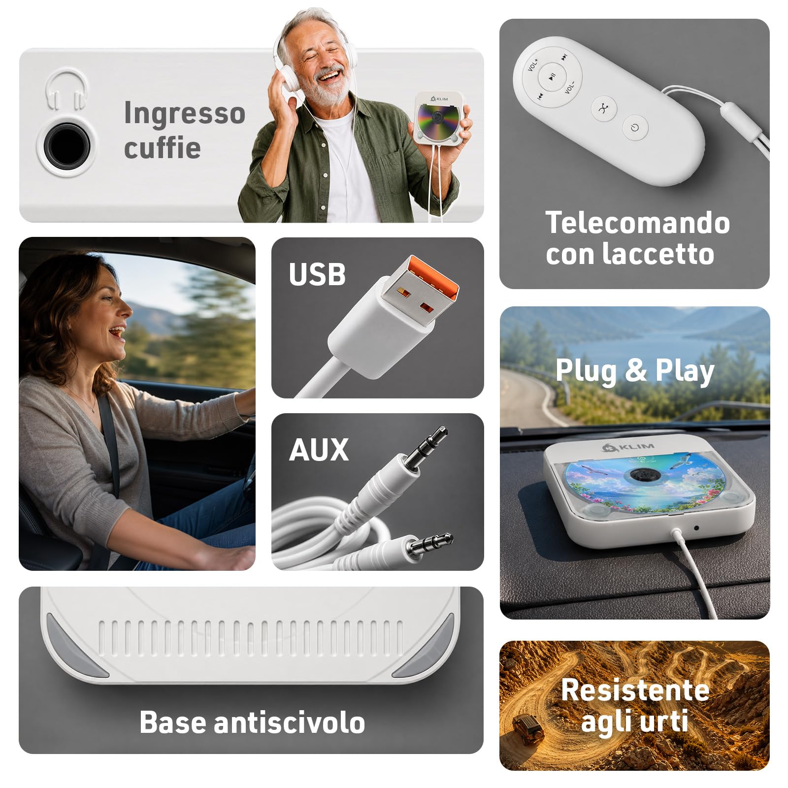 KLIM Lettore CD per Auto – Lettore CD Esterno per Auto Portatile USB, Anti-Shock, Plug & Play, AUX & USB, Telecomando, Compatibile con la Maggior Parte dei Veicoli e Laptop