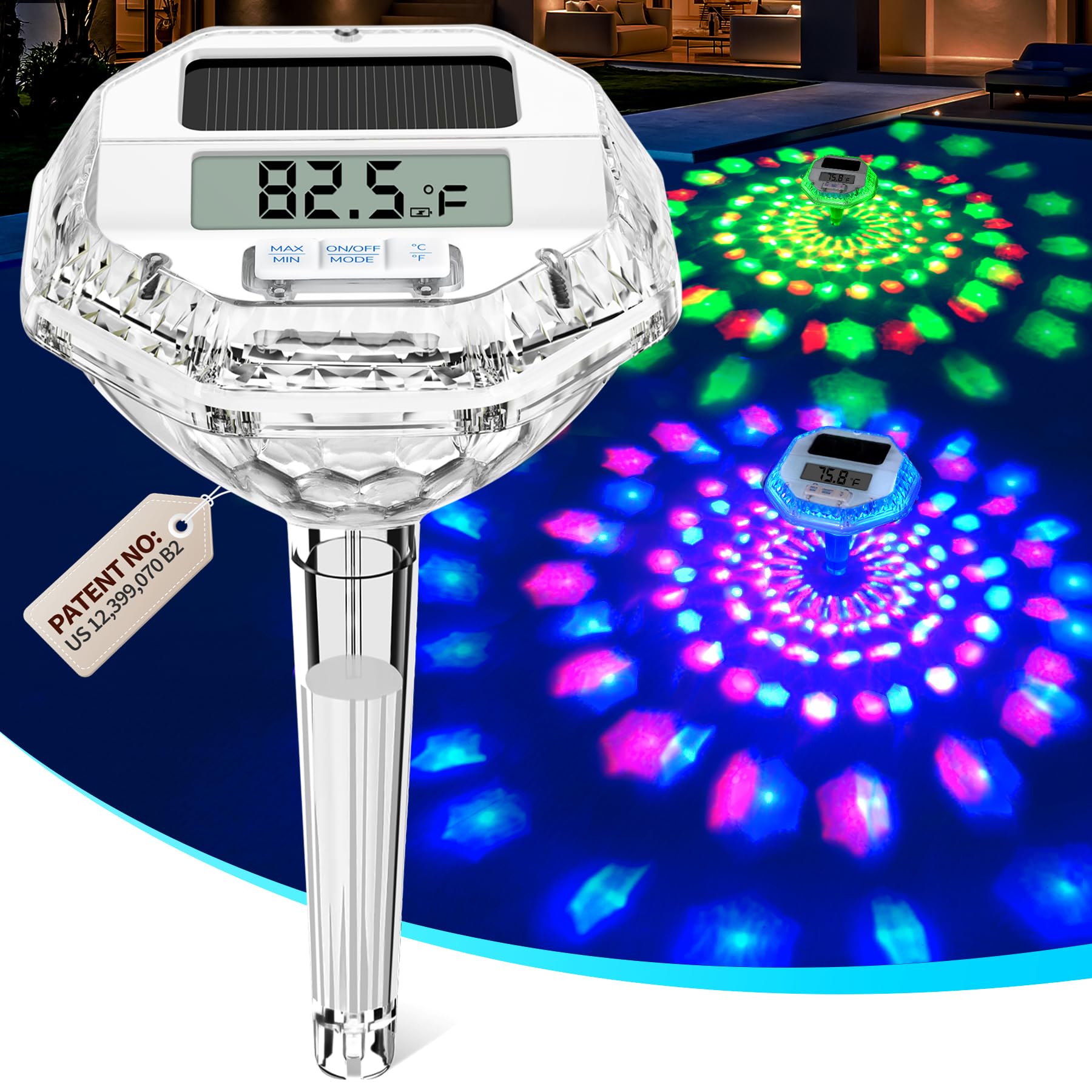 Pircaath 2025 Upgrade Digital Pool Thermometer Floating Easy Read, Solar Pool Thermometer with 7 Dynamic Light Show & Large LCD Screen, IP68