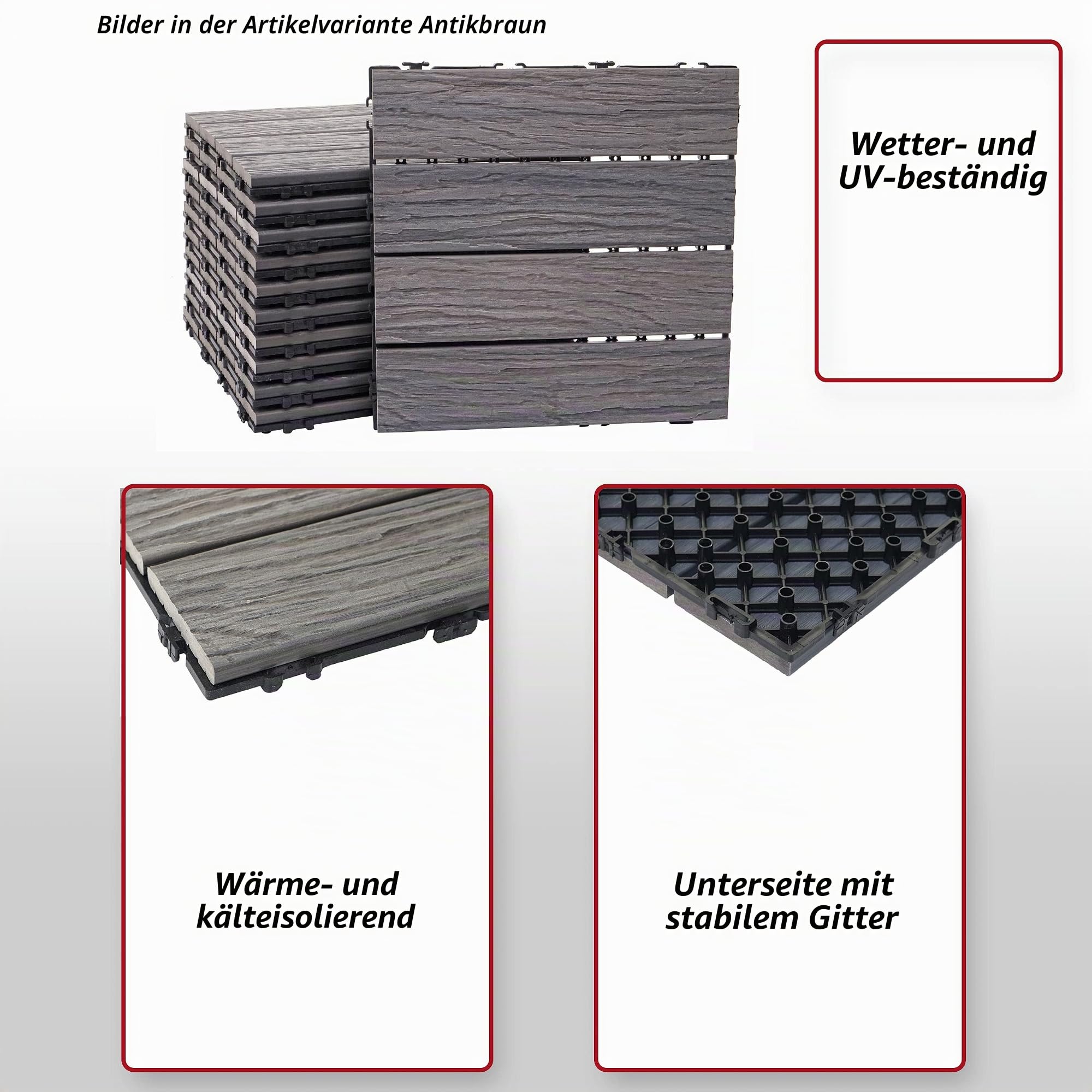 Mendler WPC Bodenfliese HWC-E19 je 4X 50x50cm = 1qm - Dunkelbraun | Holzoptik, Balkon/Terrasse, 3D-Struktur, linear