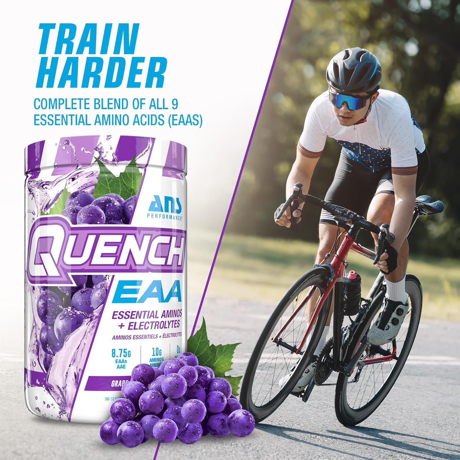 ANS Performance Quench EAA Hydration Drink Mix with Electrolytes Vitamins and Antioxidants, Zero Sugar, Carbs or Calories, Grape Blast