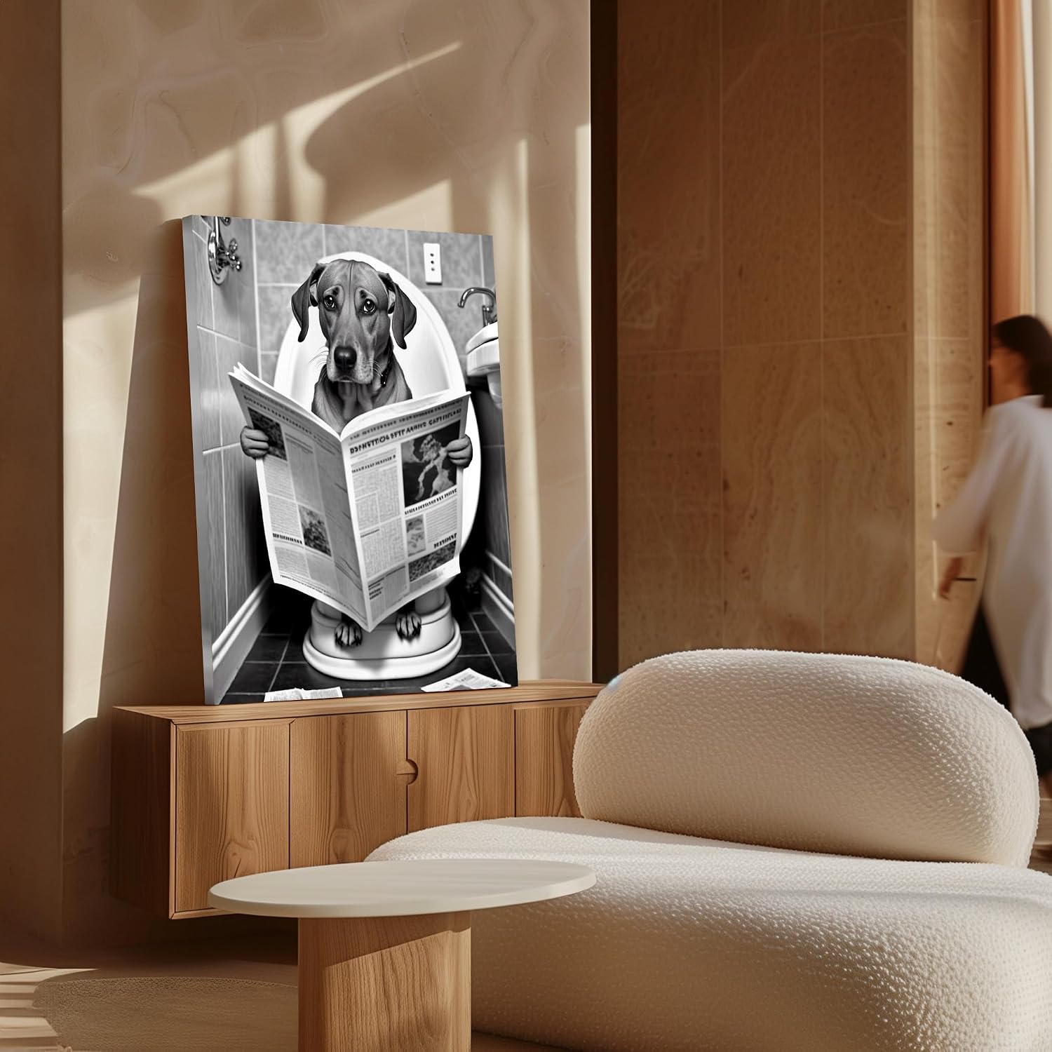 Poster Master Dog Sitting on Toilet Canvas - Reading Newspaper Print - Funny Bathroom Wall Art - Guest Bath Decoration - Humorous Powder Room Decor - Restroom Sign - 8x10 STRETCHED Canvas