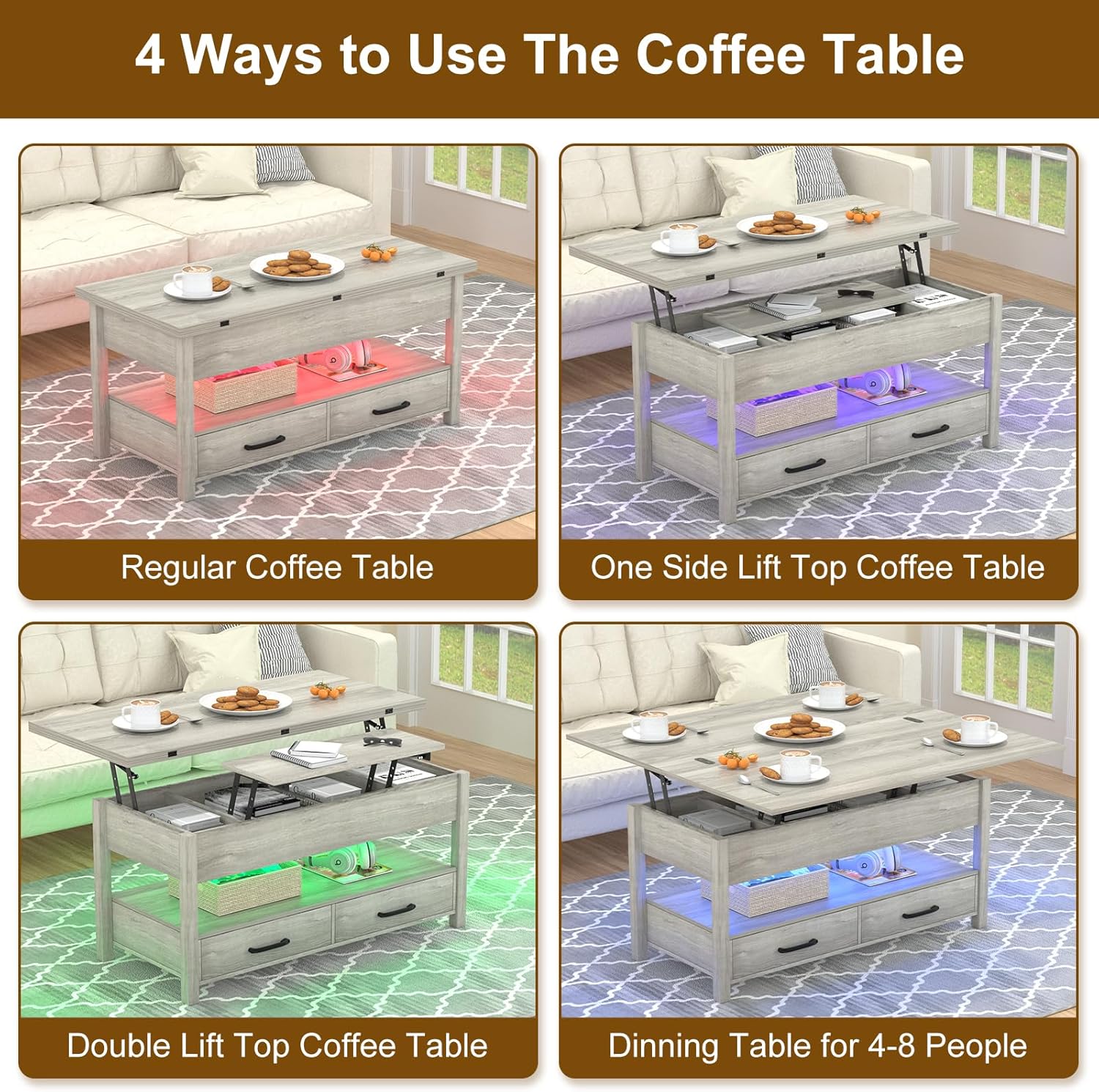 Four images showing the coffee table in different configurations: regular, one side lifted, both sides lifted, and fully extended as a dining table.