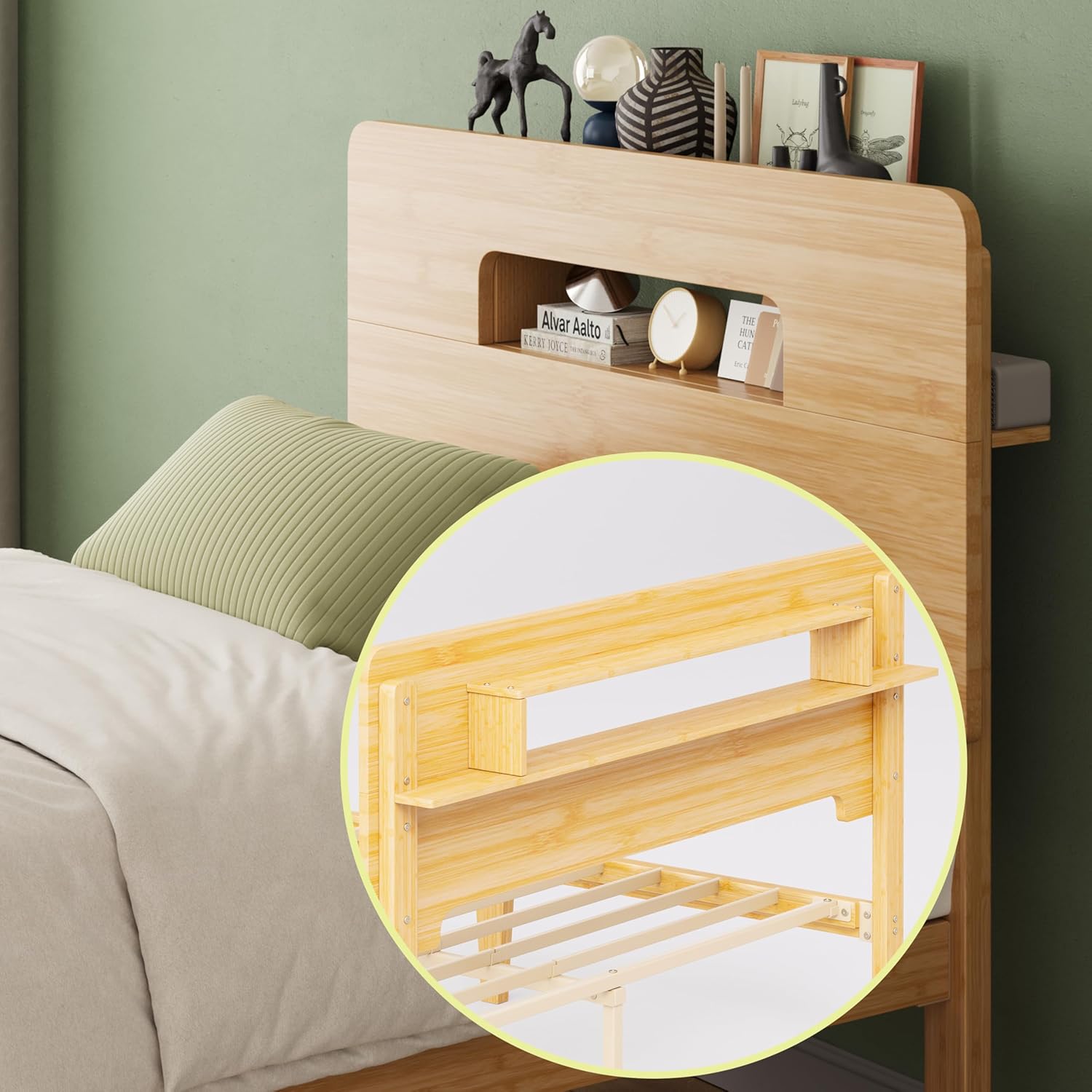 ZIYOO Solid Bamboo Wood Bed Frame Twin with Storage Headboard, 14 inch Platform Bed Frame Twin Size No Box Spring Needed with Steel Slats, Sturdy and Stable, Easy Assembly, Noise Free - Image 7