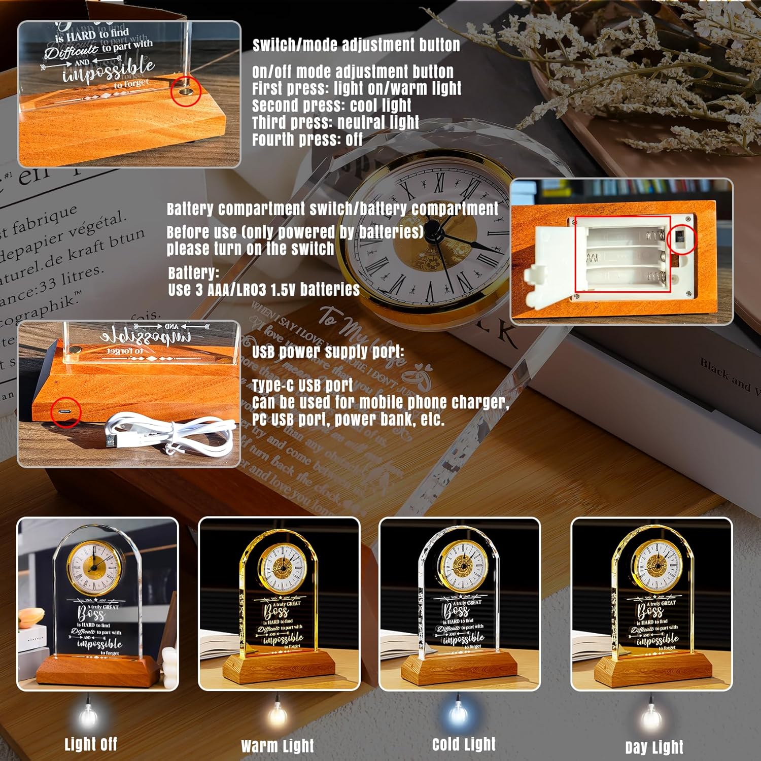 Gifts for Wife from Husband - Crystal Clock with Wooden Light Base, Christmas, Birthday, Wedding Anniversary Wife Gifts Ideas, to My Wife Plaque Presents for Valentine's Mother's Day - Image 5