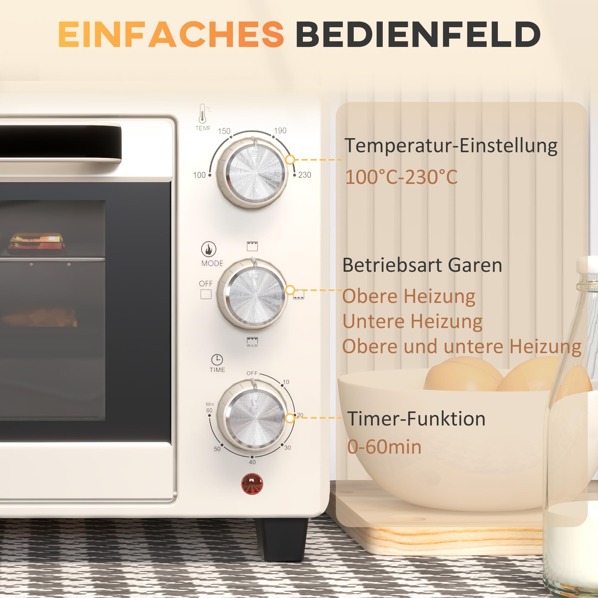 HOMCOM Mini forno, 21 l, 1400 W, 100 – 230 ℃, 60 minuti, con teglia, teglia, griglia per finestre, forno per pizza, bianco crema