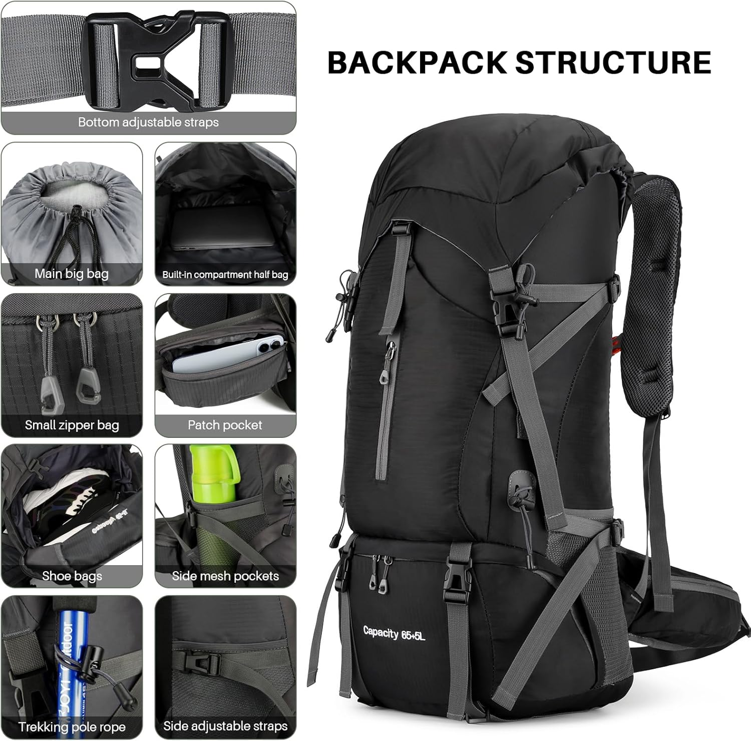 OKYUK 70L Hiking Backpack, Camping Hiking Back Pack, Water Resistant Lightweight Mountain Climbing Bag, Outdoor Camping Sport Daypack with Rain Cover, for Travel, Touring, Cycling (Black, 70L)