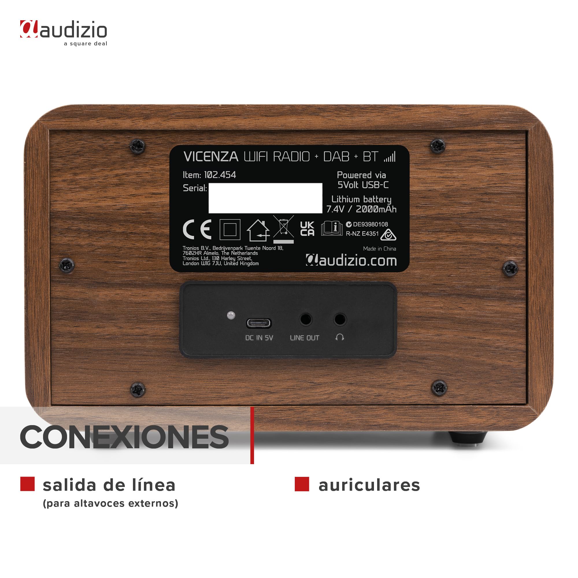 Audizio Vicenza - Radio digital DAB+/FM e Internet con Bluetooth 5.0, batería de 10h i pantalla a color, ideal para cocina, oficina o viajes, diseño compacto con WiFi integrado, acabado negro y madera