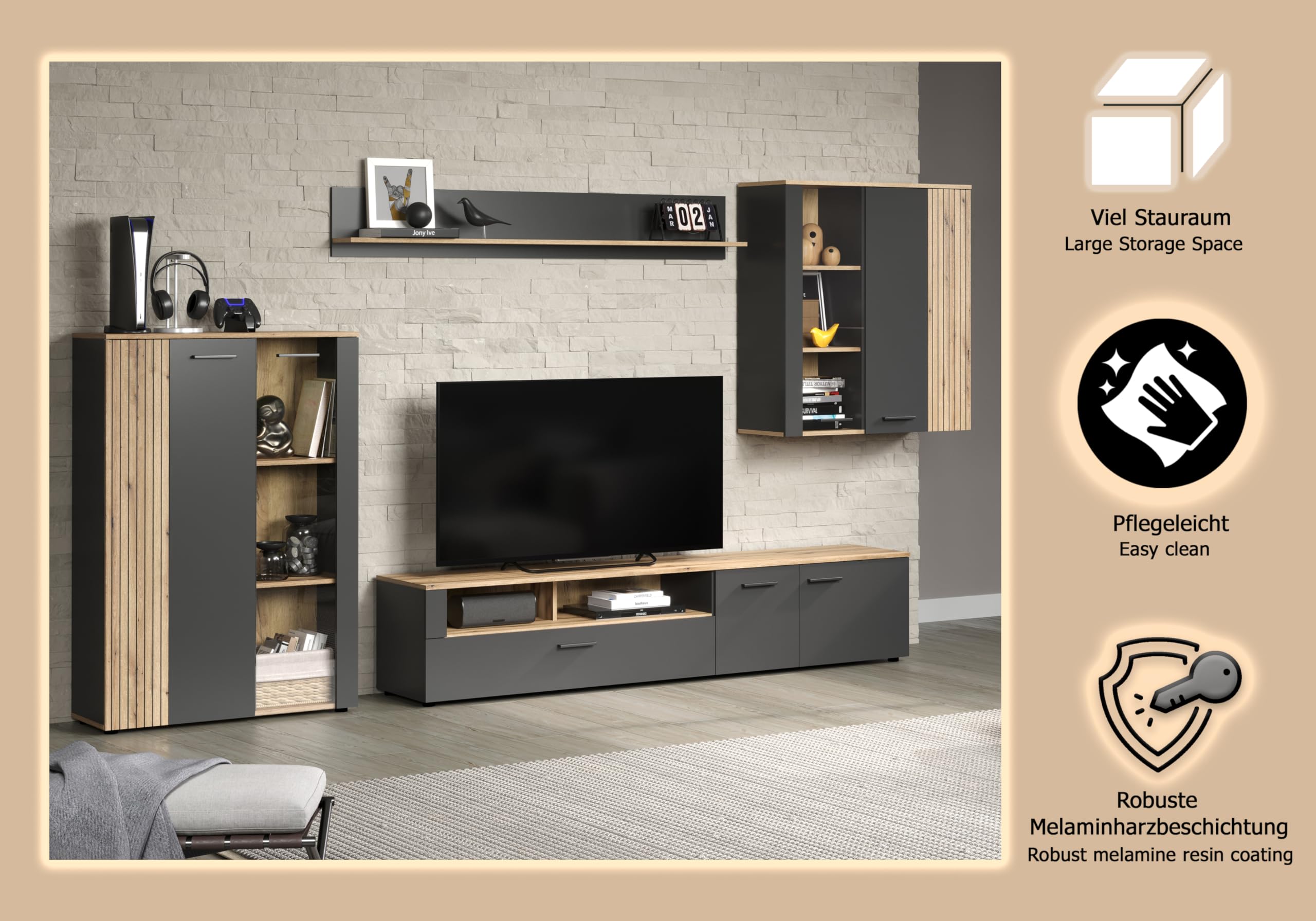 trendteam smart living - Anbauwand Wohnwand - Wohnzimmer - Esteban - Aufbaumaß (BxHxT) 300 x 200 x 41 cm - Farbe Anthrazit mit Coast Evoke Eiche - Rillenoptik - 231296184