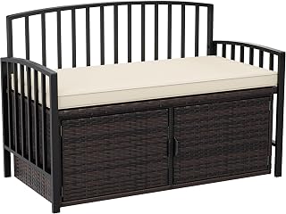 YITAHOME 70 Gallon Outdoor Storage Bench w/Cushion, Wicker Storage Deck Box w/Seat, All-Weather PE Rattan Storage Seating for Patio Furniture, Outdoor Cushions and Garden Tools - Brown&Beige
