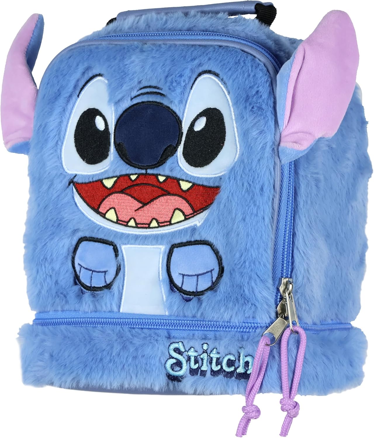 Disney Lilo & Stitch Lunch Tote Furry Stitch with Embroidered Face and 3D Ears Dual Compartment Insulated Lunch Bag 10"