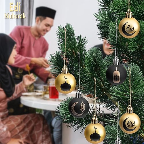 Miniatura 4 de 24 bolas de adorno de Ramadán, bolas colgantes de Eid Mubarak de oro negro de 1.57 pulgadas, adornos de Ramadán Mubarak para decoración de fiesta de
