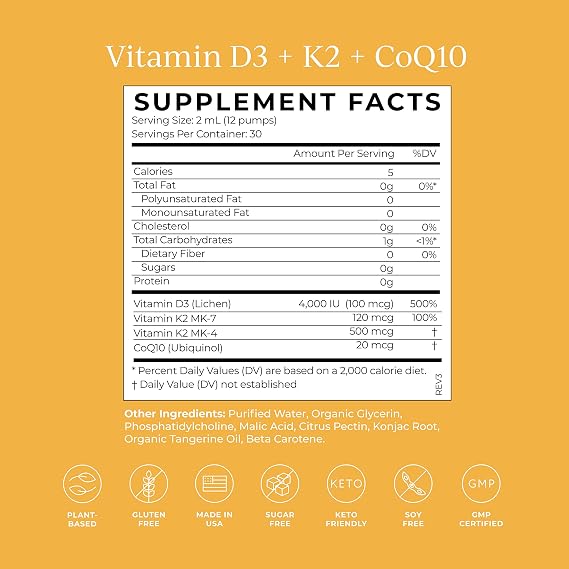 CYMBIOTIKA Vitamin D3 K2 + CoQ10 for Immune, Heart & Bone Support | Plant-based D3 with K2 & CoQ10 for immune, heart & bone health. Liposomal delivery. Vegan, keto. Tangerine, liquid bottle.