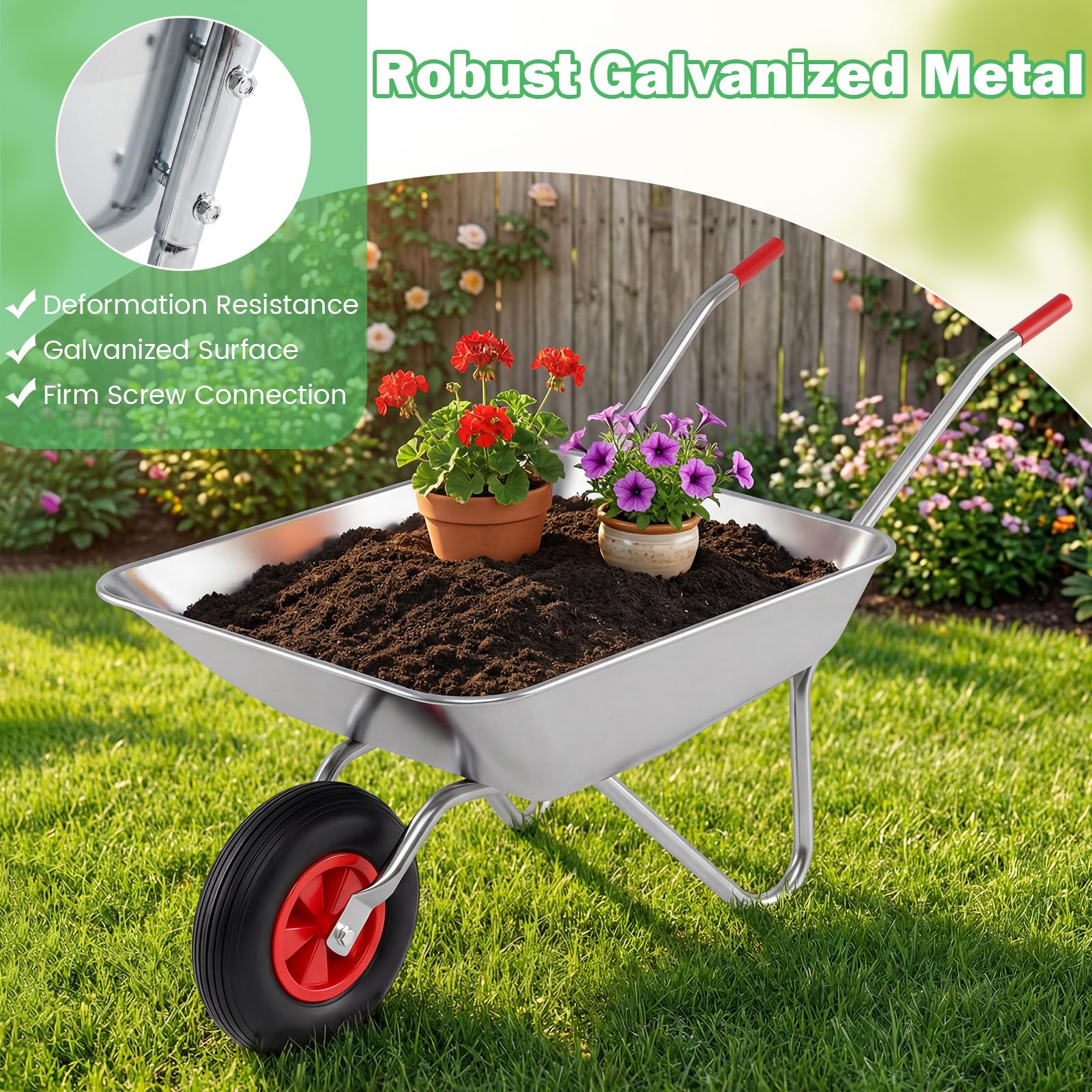 FANTASK Schubkarre mit 2 Griffen, Bauschubkarre aus verzinktem Metall mit 32 cm Gummireifen, Gartenschubkarre bis 136 kg, Gartenwagen, Schiebkarre Kippwagen Garten (Silber)