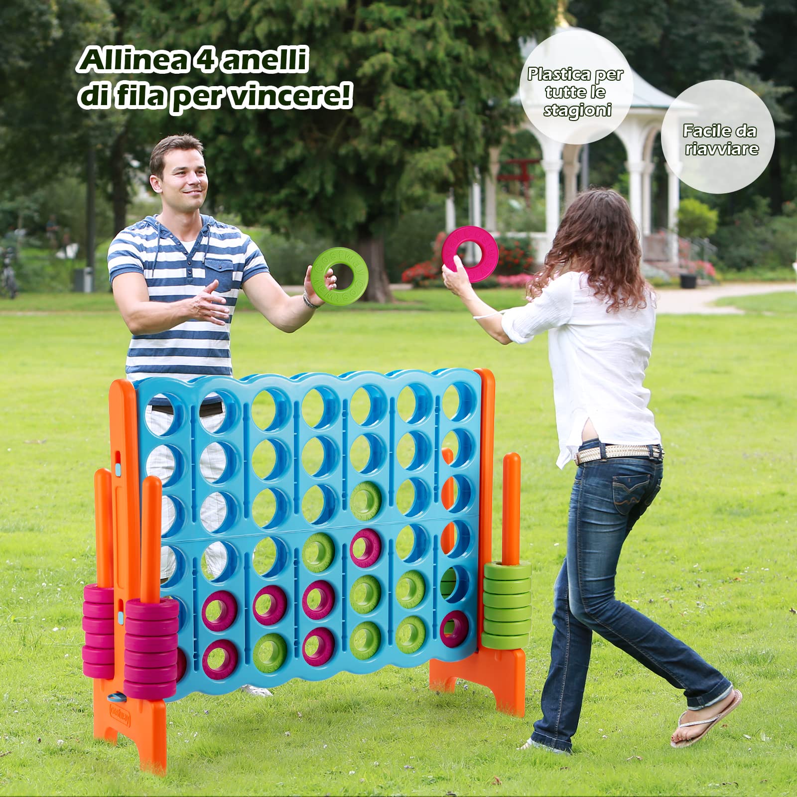 COSTWAY Forza 4 Gigante per Bambini e Adulti, da Interno ed Esterno | Set di Forza 4 in PE e PP con 42 Anelli per Feste e Vacanze, 120 x 42 x 104 cm, Azzurro+Arancione