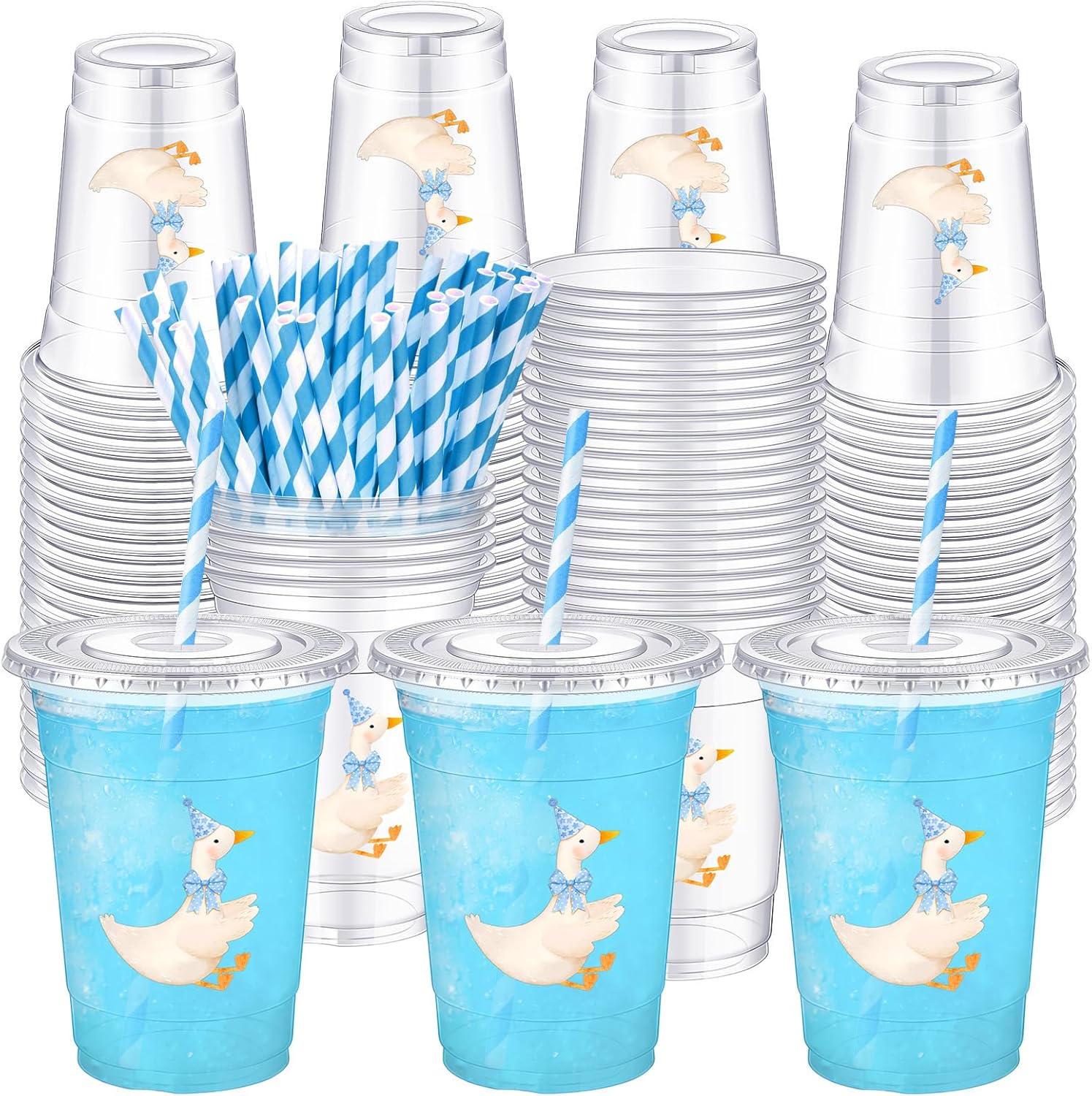 Jingmore 50 Pcs One Silly Goose Birthday Party Disposable Plastic Cups with Lids Straws 16 oz Cute Goose Decorations for Birthday Baby Showers Decorations Party Supplies (Blue)