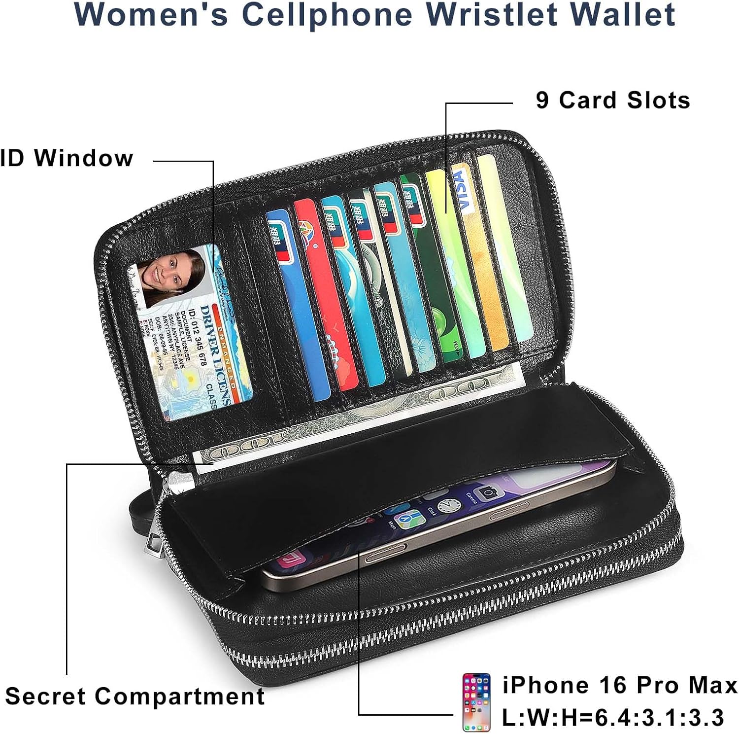 Double Zipper Wallet for Women RFID Blocking Cellphone Wristlet Large Size Multi Card Clutch Purse with Removable Strap, Black