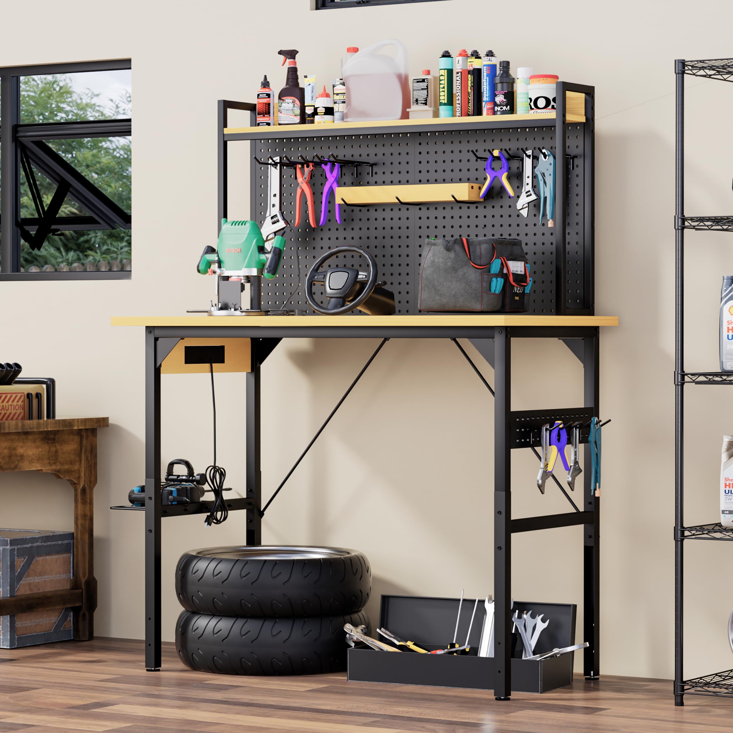 Banco de trabajo regulable en altura de 120 cm con pared perforada, banco de trabajo enrollable con ruedas, enchufes, USB y Type-C, mesa de taller con gancho y estante, banco de trabajo pesado para