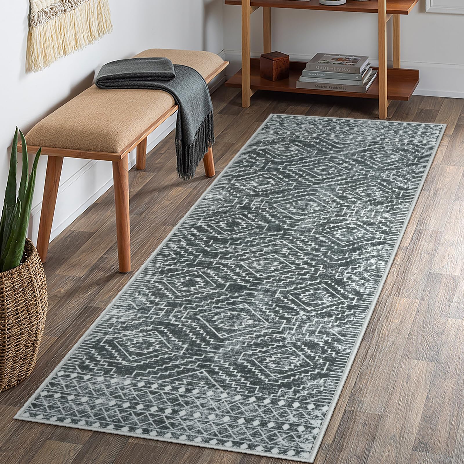 Wonnitar Washable Kitchen Runner Rug 2x6, Moroccan Grey Runners for Hallway, Non Slip Bohemian Soft Bathroom Throw Mat Geometric Carpet Runner for