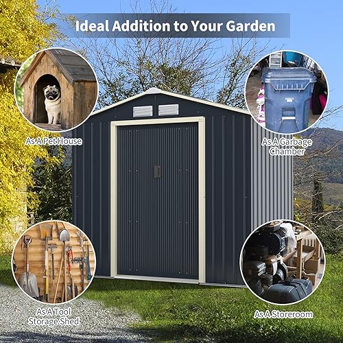 Miniatura 8 de Goplus Cobertizo de almacenamiento al aire libre, cobertizo de jardín de metal de 9 x 6 pies con 4 rejillas de ventilación y puerta corrediza doble,