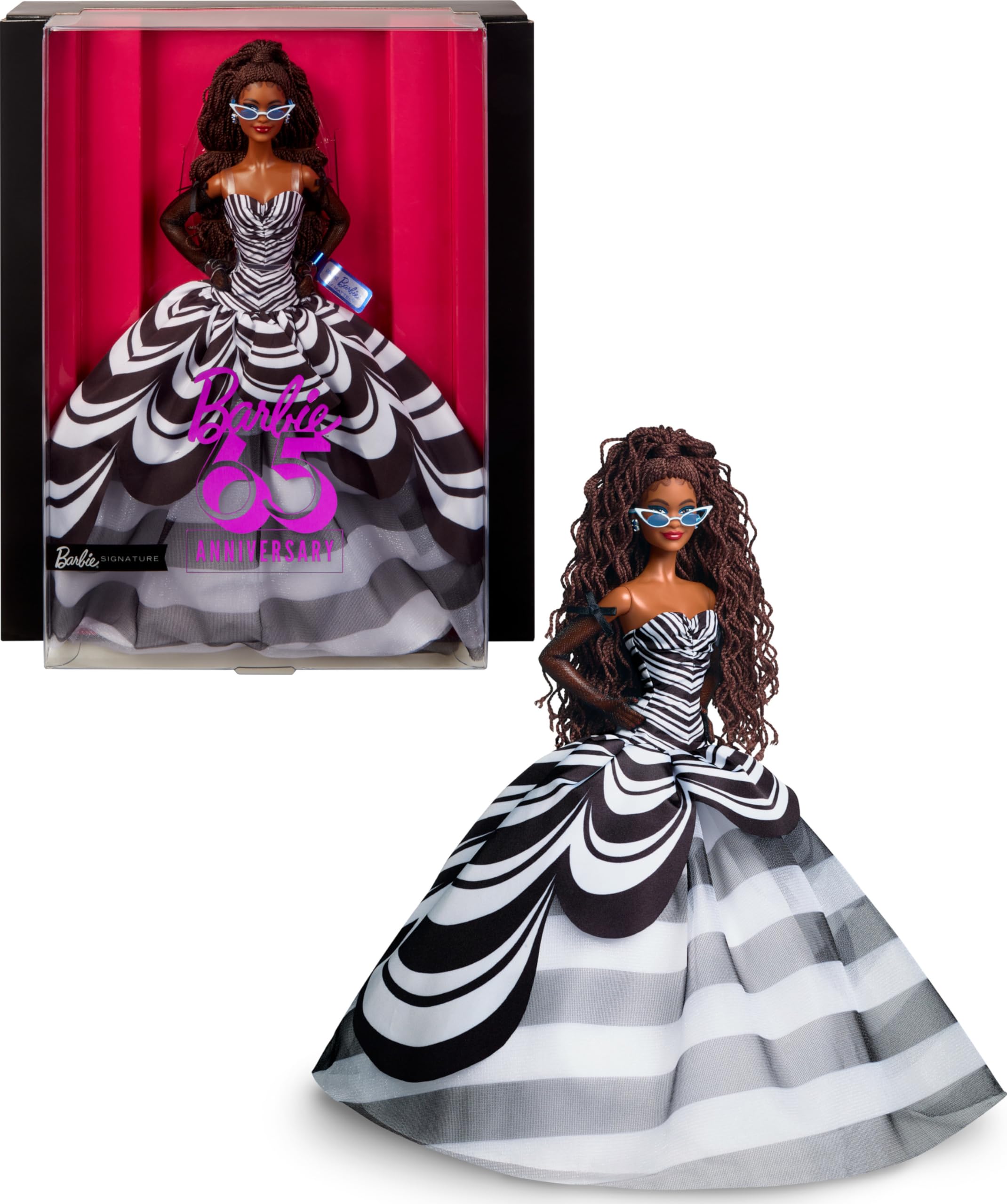 Barbie Signature 65 Aniversario Muñeca Morena con Vestido de Rayas Blancas y Negras de Gala, Juguete de colección (Mattel HRM59)