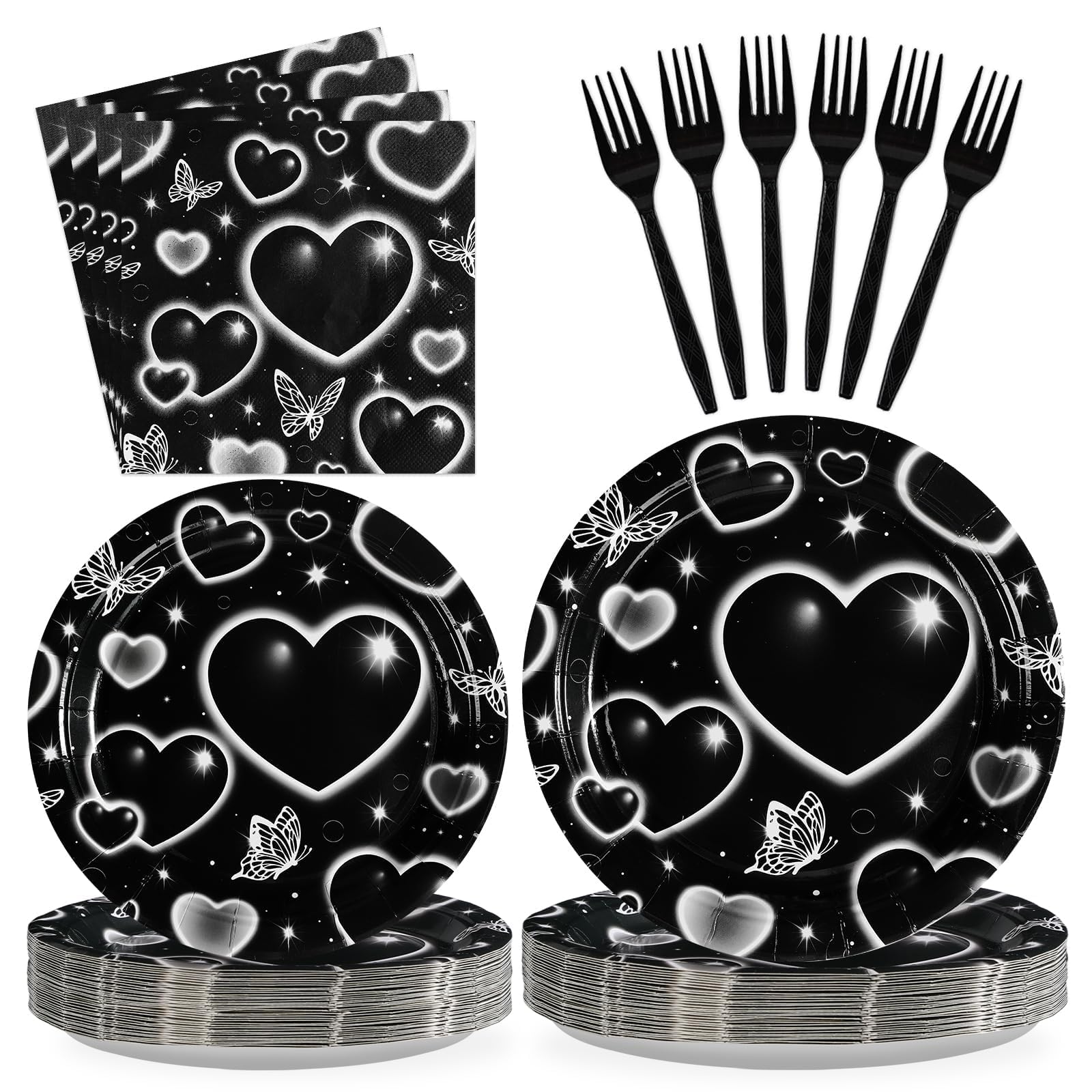 Grencian 96Pcs 2000s Black Heart Y2k Party Themed Decorations, Serve 24