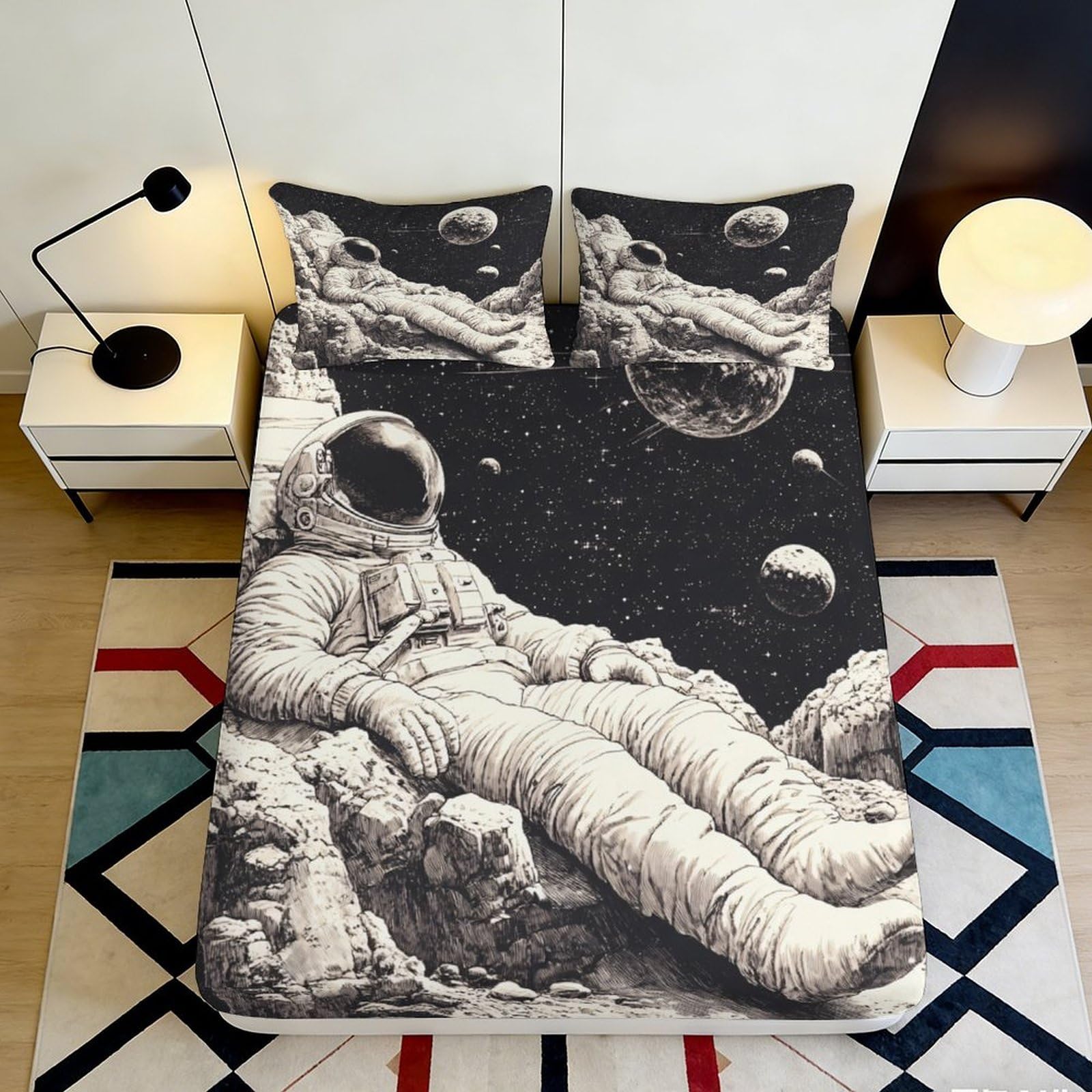 3D Printed Astronaut Space Fitted Sheet Microfiber Soft Durable Cosmic Planet Mattress Cover for Bedroom Dormitory Guest Room Protection Decoration 160x200x25cm