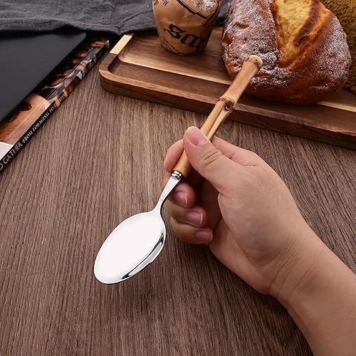 Miniatura 5 de Juego de 8 cucharas de bambú natural, cucharas de acero inoxidable con mango de bambú para el hogar, cocina, restaurante, cucharas pulidas con