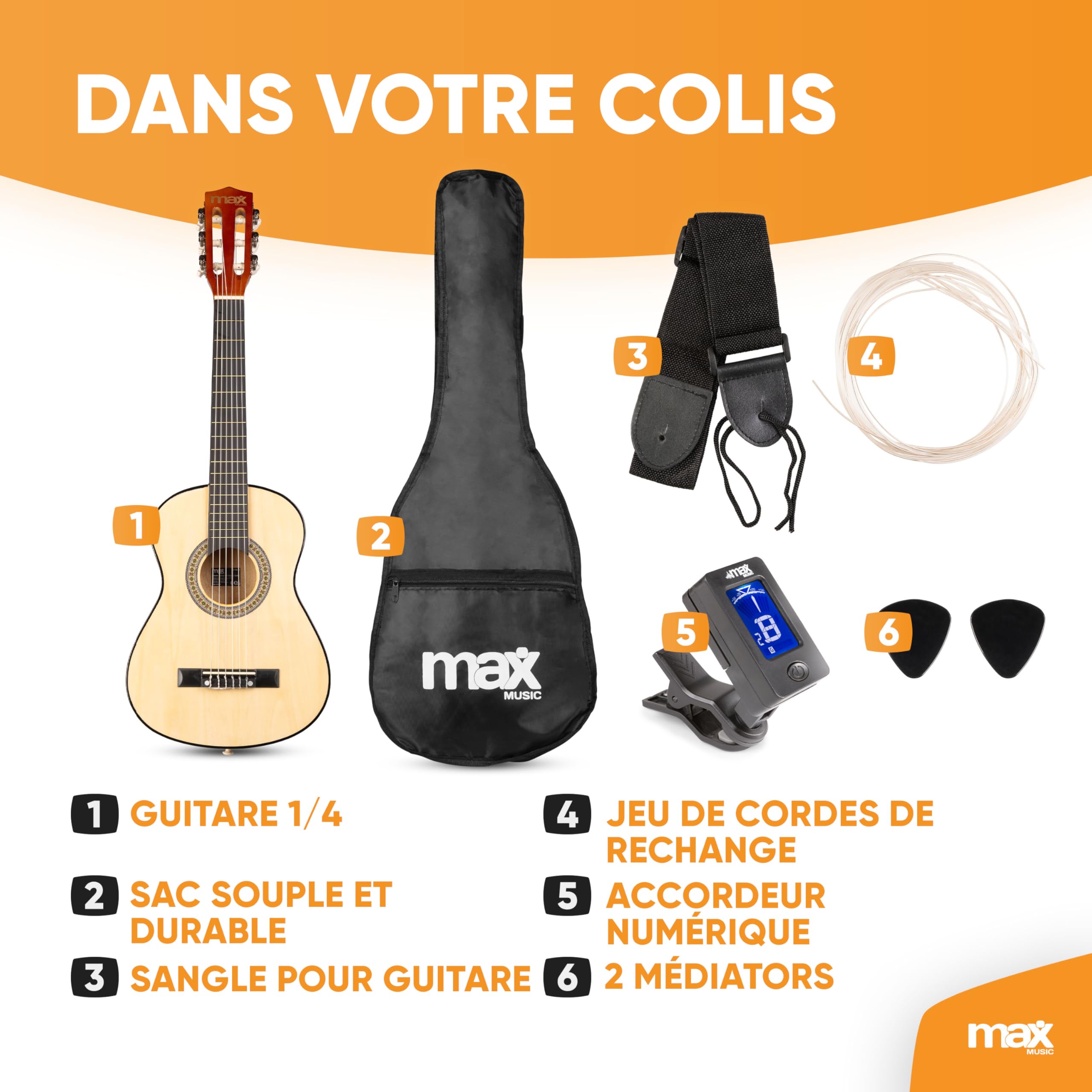 Max SoloArt Pack Guitare Classique Junior 1/4 - Bois Naturel Clair, Cordes en Nylon, 4 à 6 ans, Sac de Transport, Médiators, Sangle, un Cadeau pour Enfants Idéal pour Débuter la Guitare