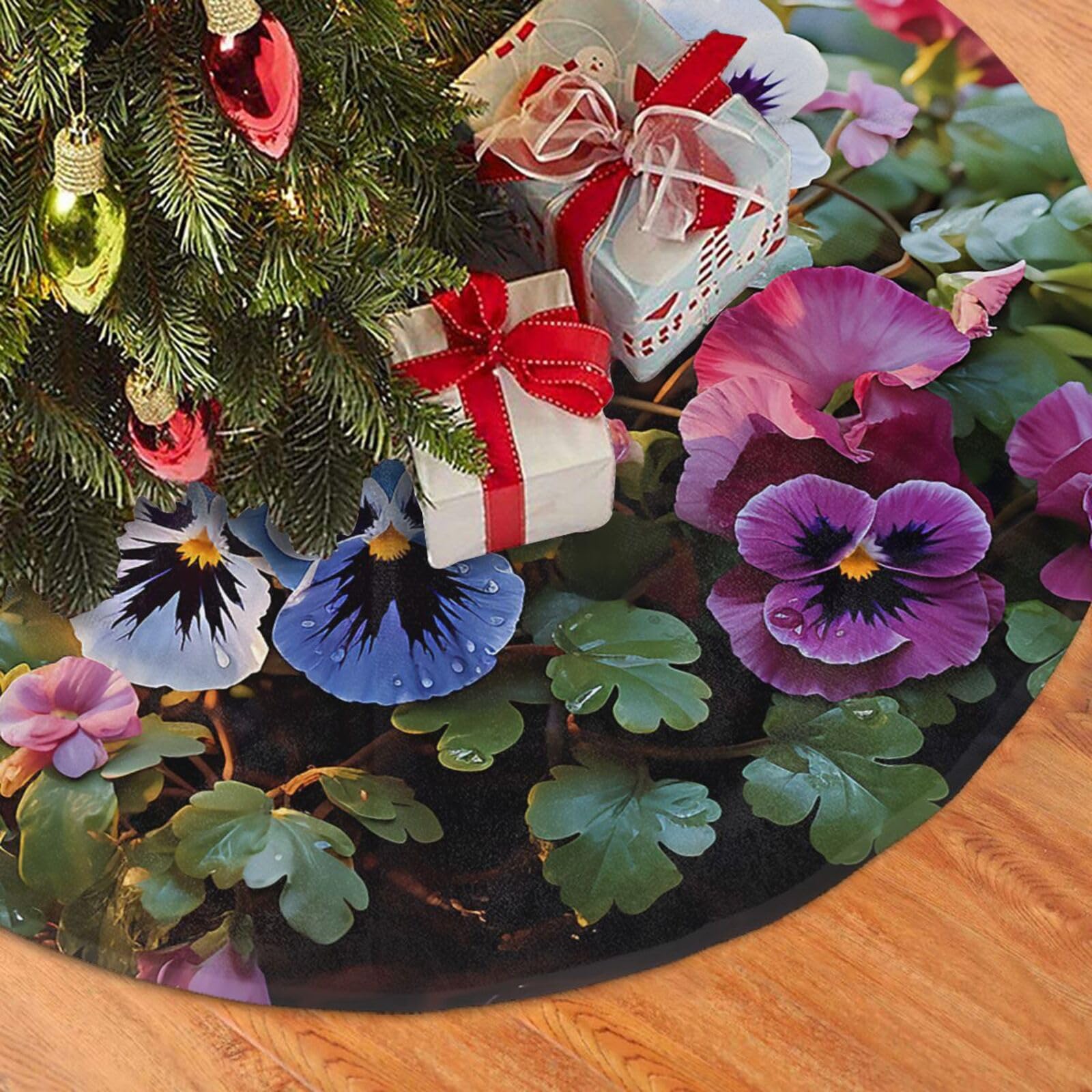 Fodpand Black Pansy Flowers Christmas Tree Skirt 48" Velvet Xmas Tree Skirt Mat Rustic Christmas Tree Mat Cover Winter Xmas Tree Collar For Indoor Outdoor Christmas Decorations