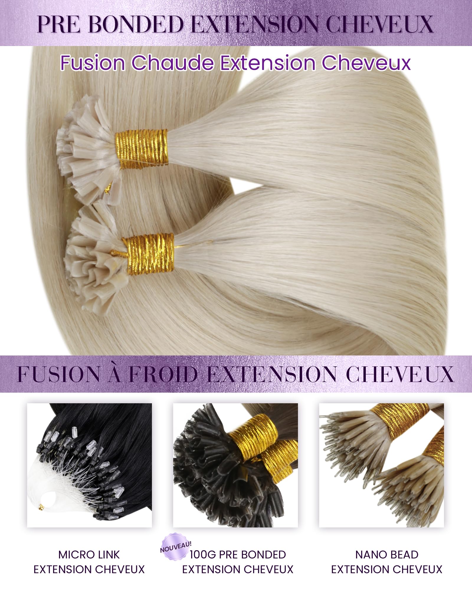 LaaVoo Extension Cheveux Naturel Keratine Blanc 50g 50 Mèche 40cm Extension Cheveux Humain Keratine Platine Lisse #60