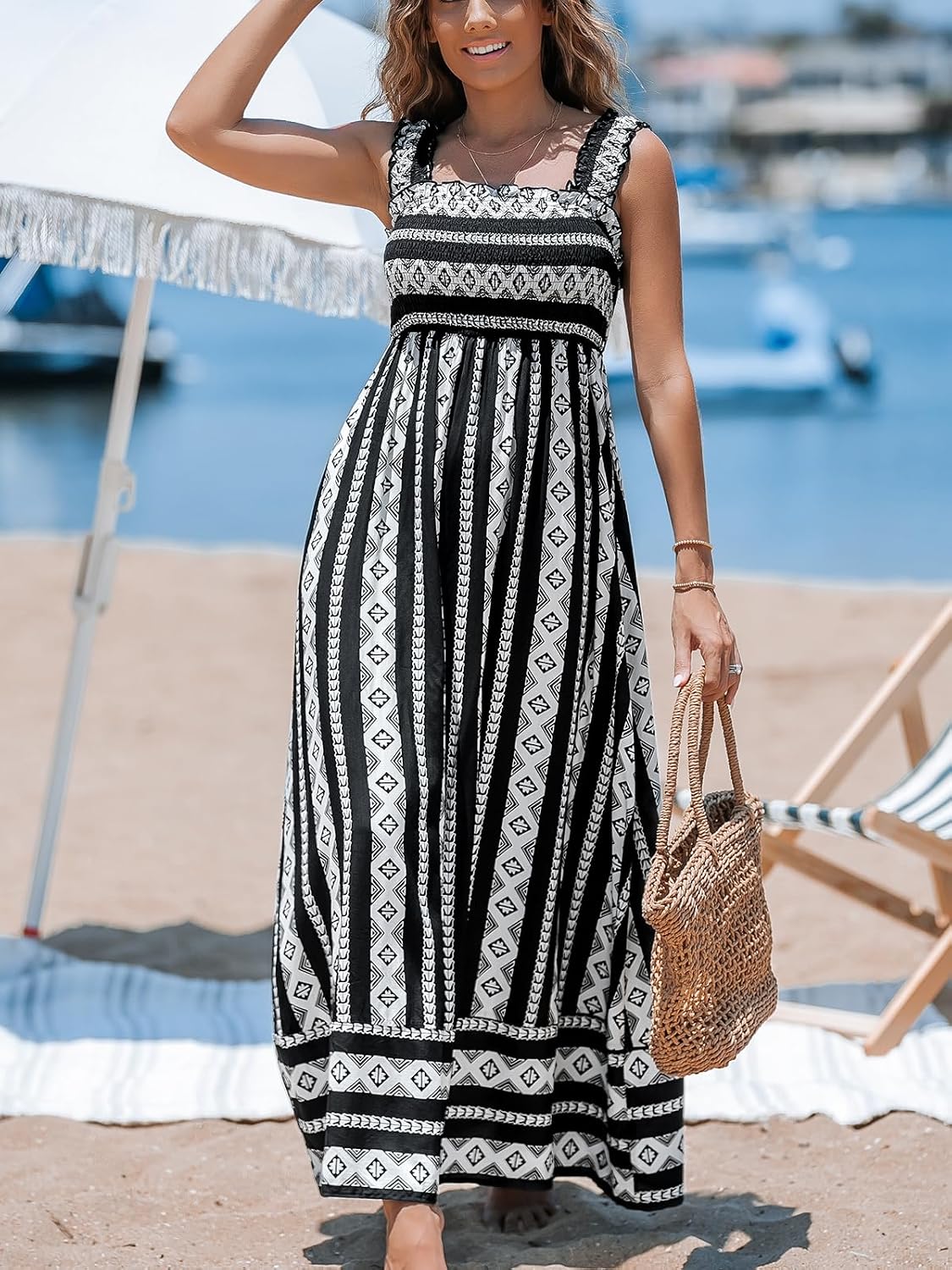 CUPSHE Women Spaghetti Straps Boho Maxi Dress Summer Sleeveless Smocked Floral Beach Long Dress Flowy Cruise Vacation Outfits thumbnail