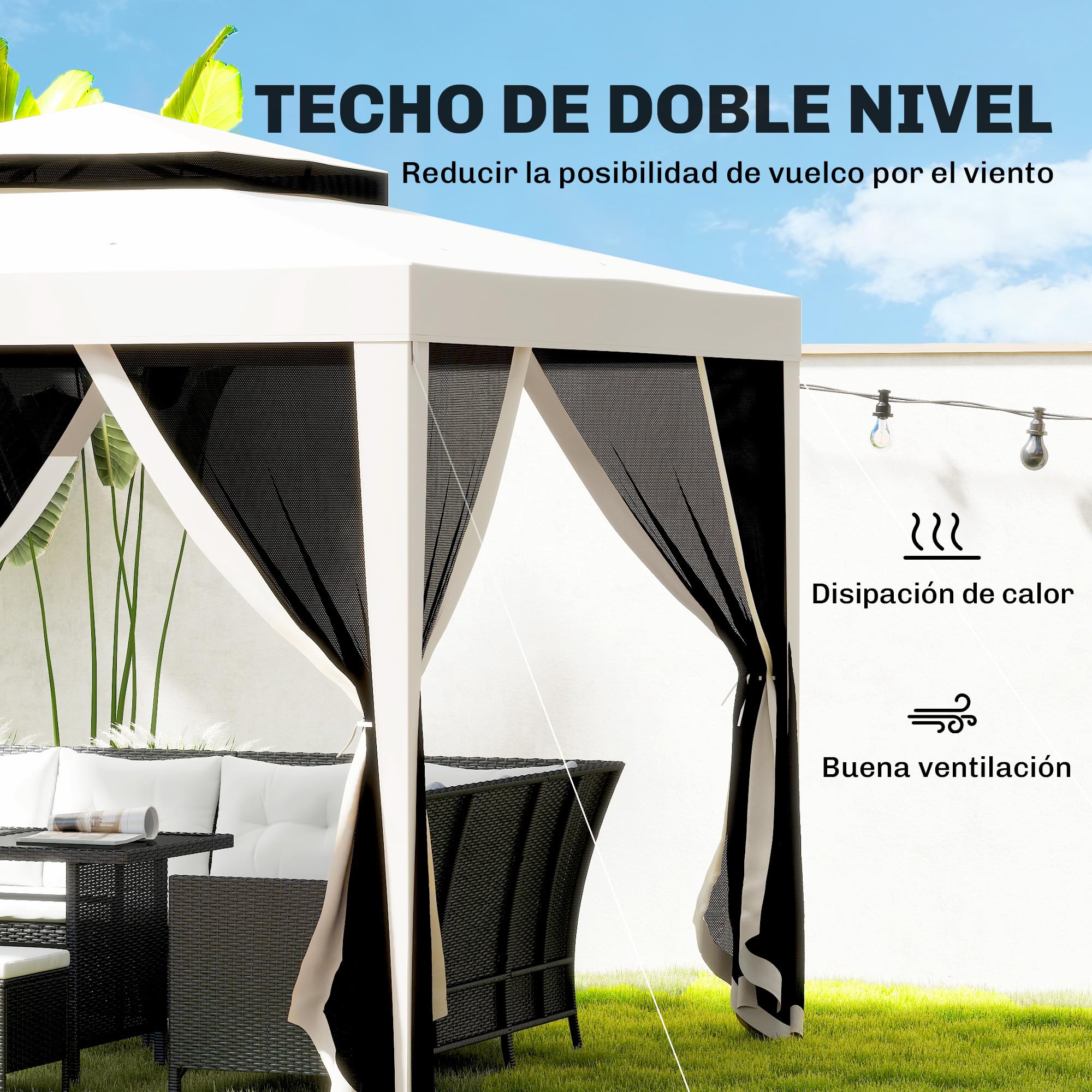 Outsunny Carpa de Jardín 3x3 m Cenador con 4 Mosquiteras Laterales con Cremallera Techo de Ventilación y 8 Orificios de Drenaje Gazebo para Terraza Patio Exterior Beige