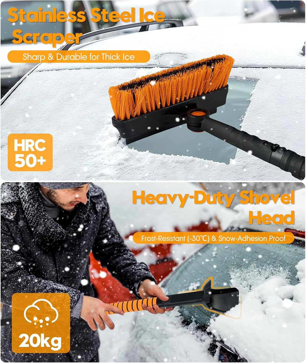 5-in-1 Car Snow Brush Snow Scraper for Car- Snow Brush for Car, Truck, SUV - Heavy Duty Aluminum Alloy (60in Extended)