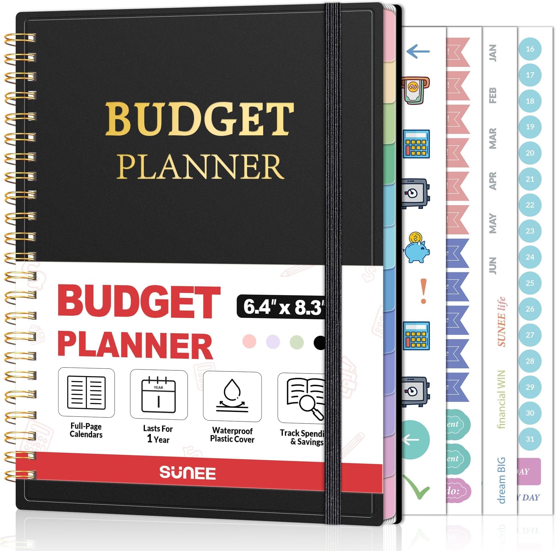 SUNEE Budget Planner - Monthly Budget Book with Expense Tracker Notebook, Undated 12 Month Bill Organizer & Finance Planner to Manage Your Money, A5(6.4" x 8.3") Account Book with Colorful Tab, Black