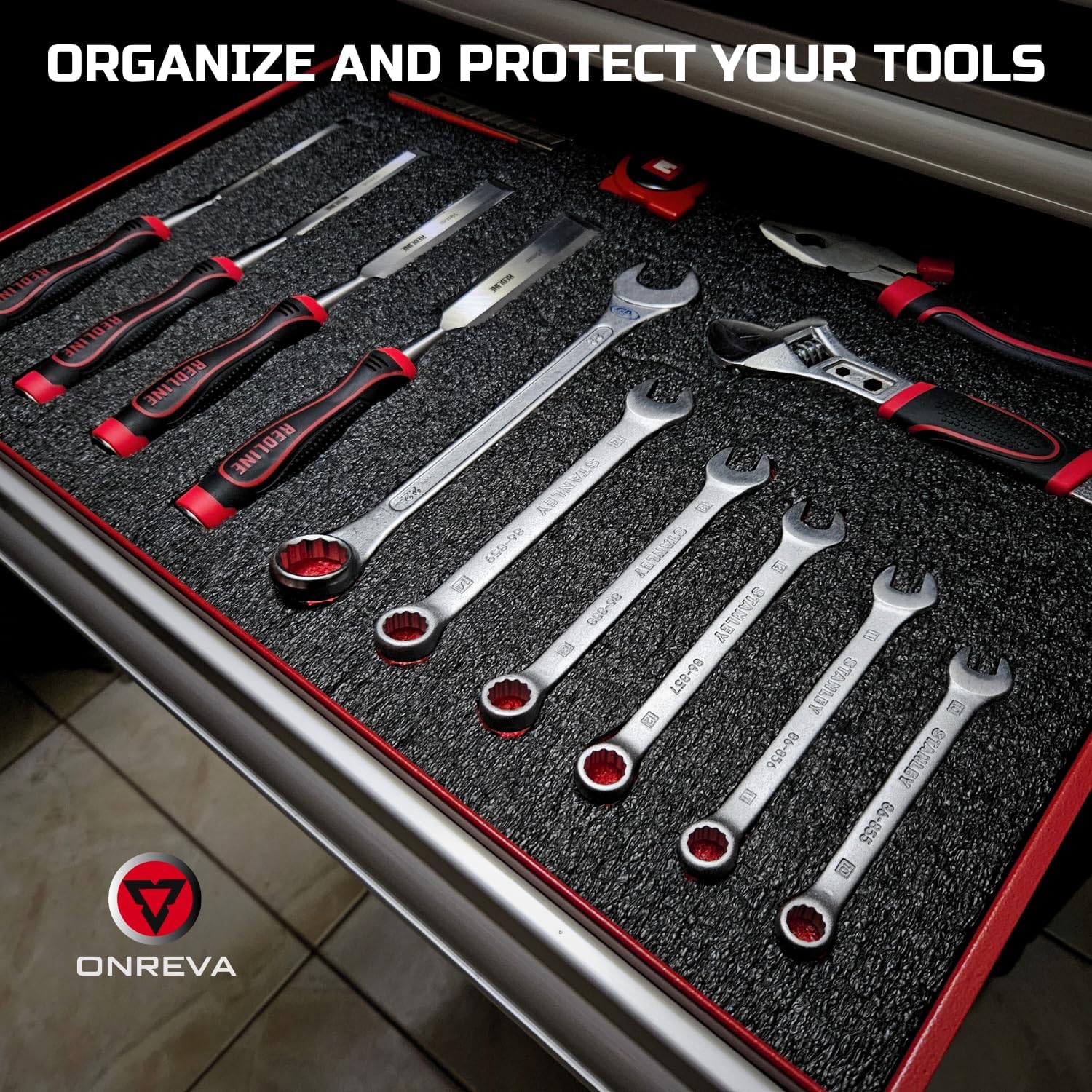 ONREVA Tool Box Foam 22x18x1 inch 4Pack, Foam Inserts for Cases, Polyethylene Storage Sheets for Toolbox Hard Case, Tool Shadow Insert, Kaizen Organizer Sheet, Black with Red