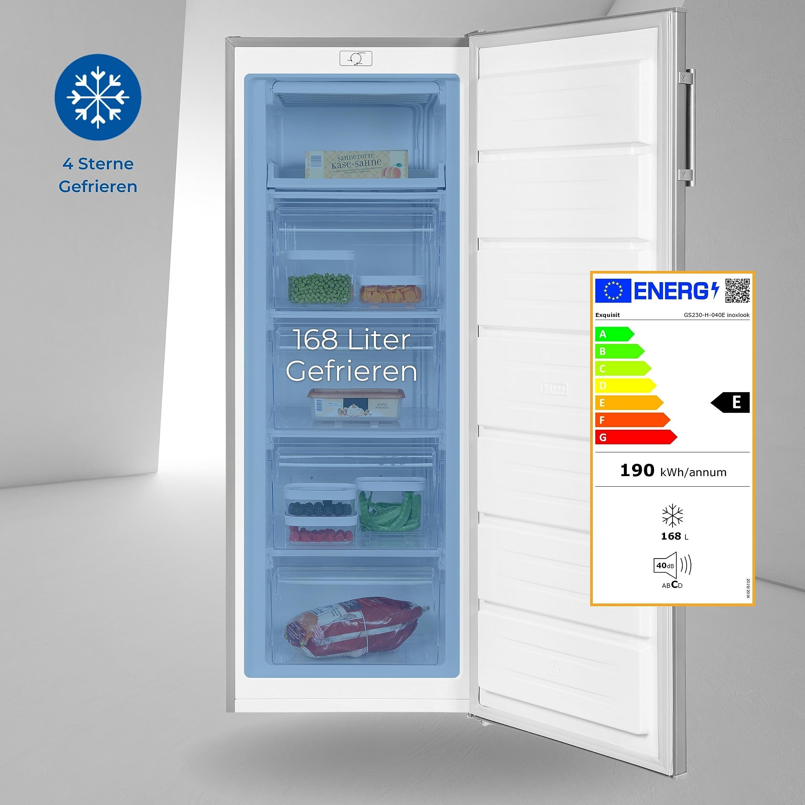 Exquisit GS230-H-040E Gefrierschrank Inoxlook - 168 L Tiefkühlschrank E | Großer 4 Sterne Standgefrierschrank mit 55 cm Breite, Edelstahloptik, 5 Gefrierschubladen, Rollen und 190 kWh/Jahr