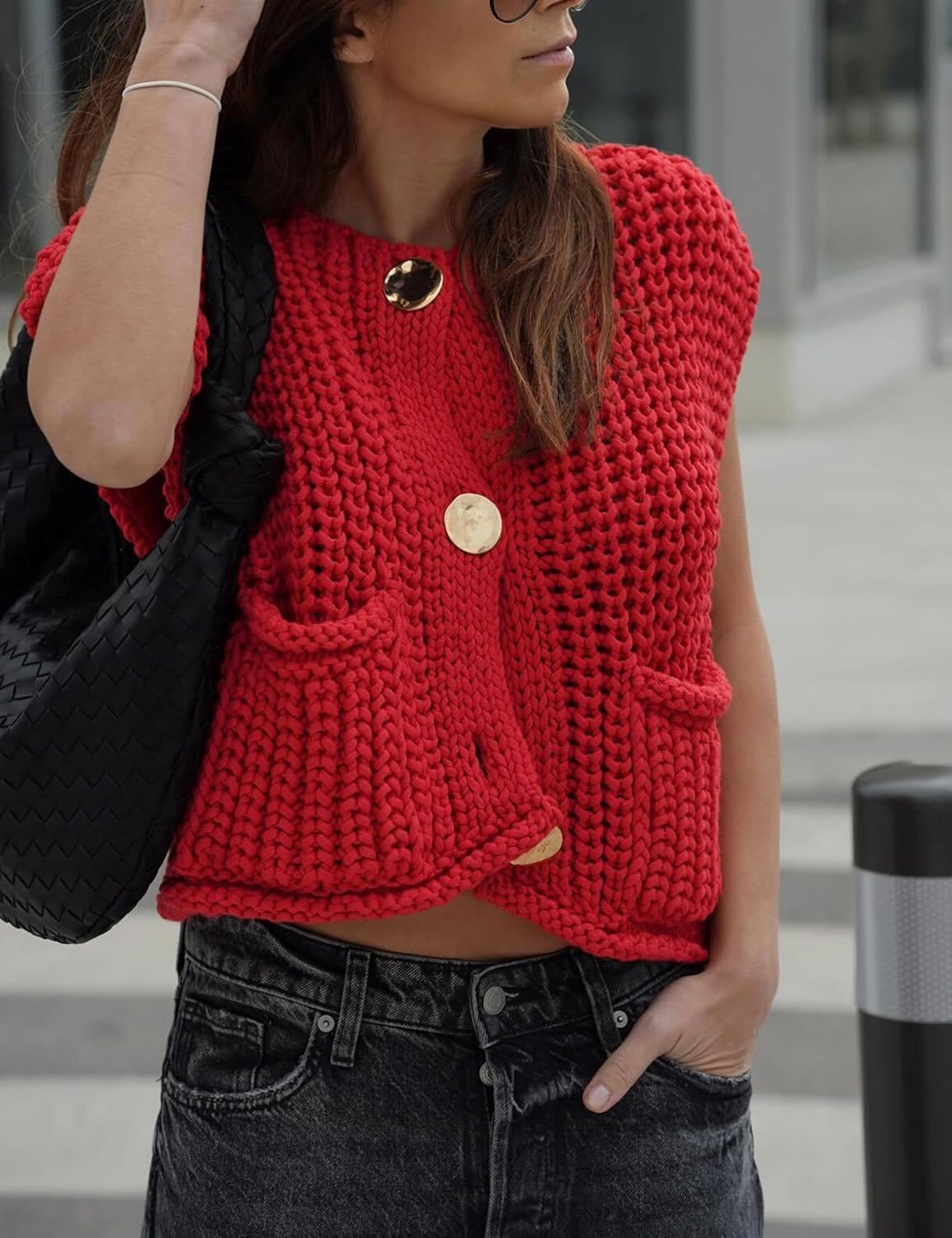 Bozanly Womens Chunky Knit Sweater Vest Cute Button Down Sleeveless Crop Crochet Cardigan Vest 2025 - Image 3