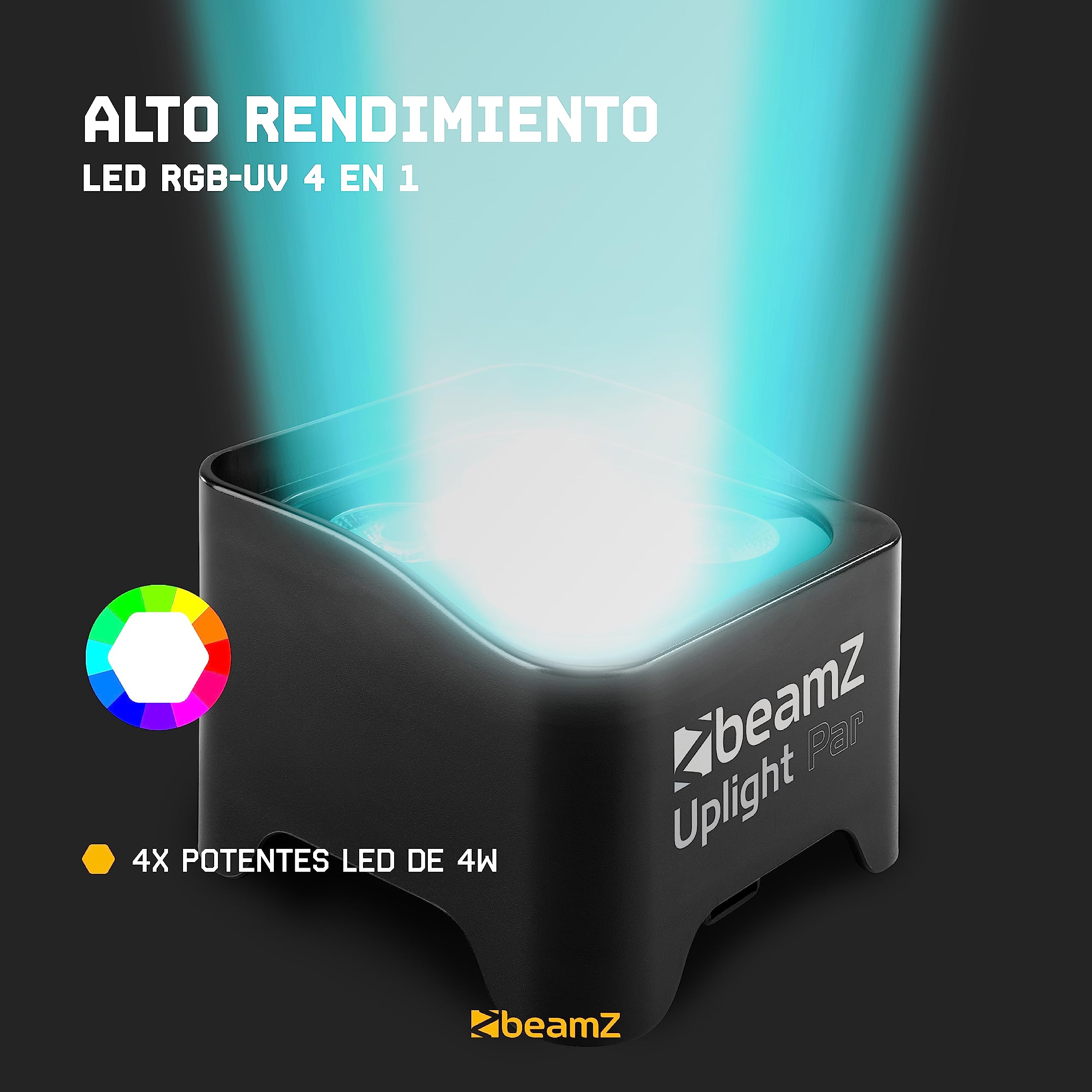 BeamZ BBP90 – Foco Par Led a batería 4 x 4W RGB-UV, hasta 20h, recarga 3h, sin ventilador silencioso, mando IR, DMX 7ch RJ45 con adaptador XLR, 1077lx, 24°, IP20, DJ pro – Color negro