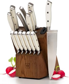 White Knife Set with Block 14-Piece Forged Stainless Steel Knives with Triple Rivet Handles, Heavy-Duty Kitchen Shears, and Self-Sharpening Knife Block Durable White Kitchen Accessories