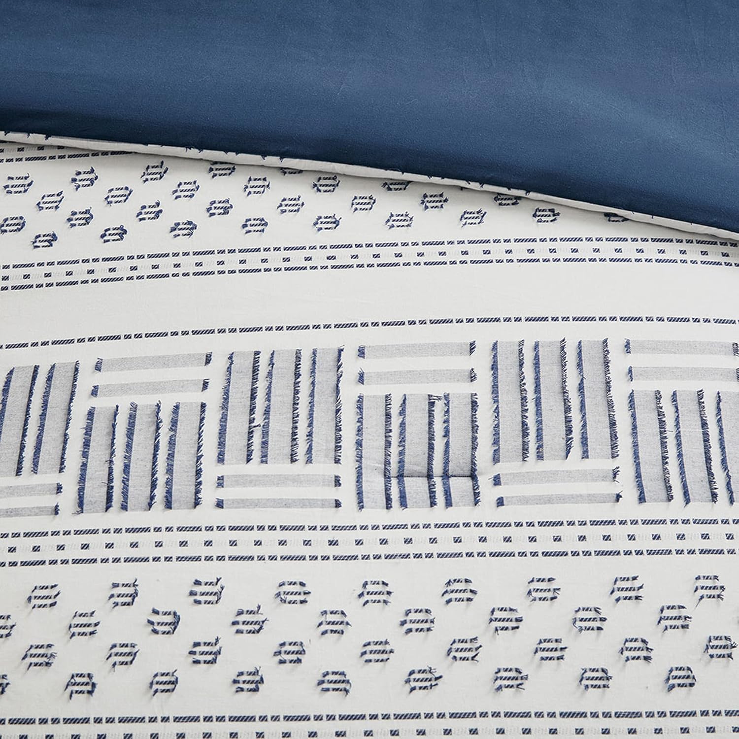 Hyde Lane Modern Navy Bedding, Blue King/Cal King Farmhouse Comforter Set, Cotton Top with Boho Style Clipped Jacquard Stripes 3-Pieces/W Matching Pillow Shams (104x90 inches, Navy) - Image 4