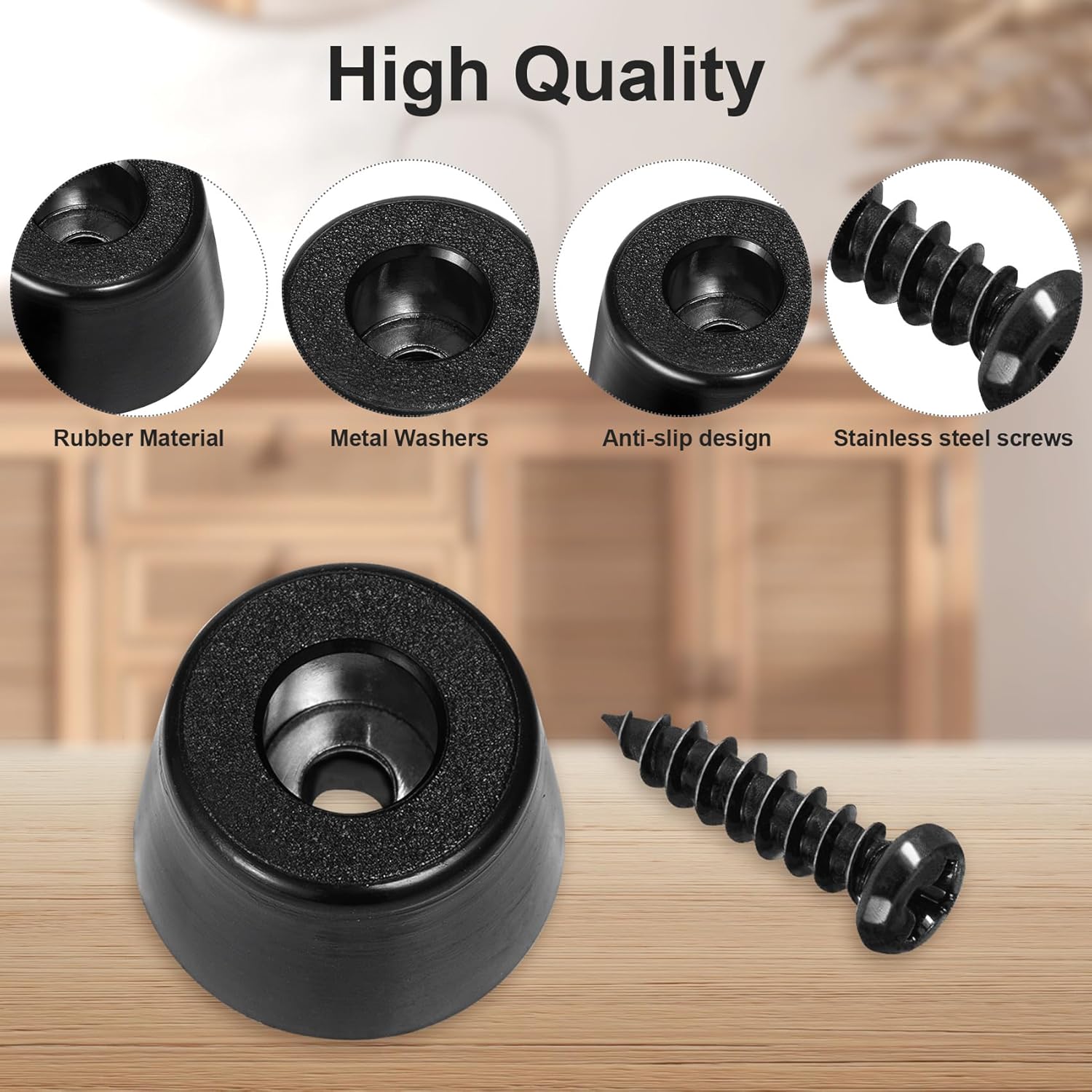20Pcs 0.7” x 0.51” Black Rubber Feet for Cutting Board with 20Pcs Stainless Steel Screws Washers Non Slip Round Rubber Bumper Feet for Furniture Electronics Kitchen Appliances