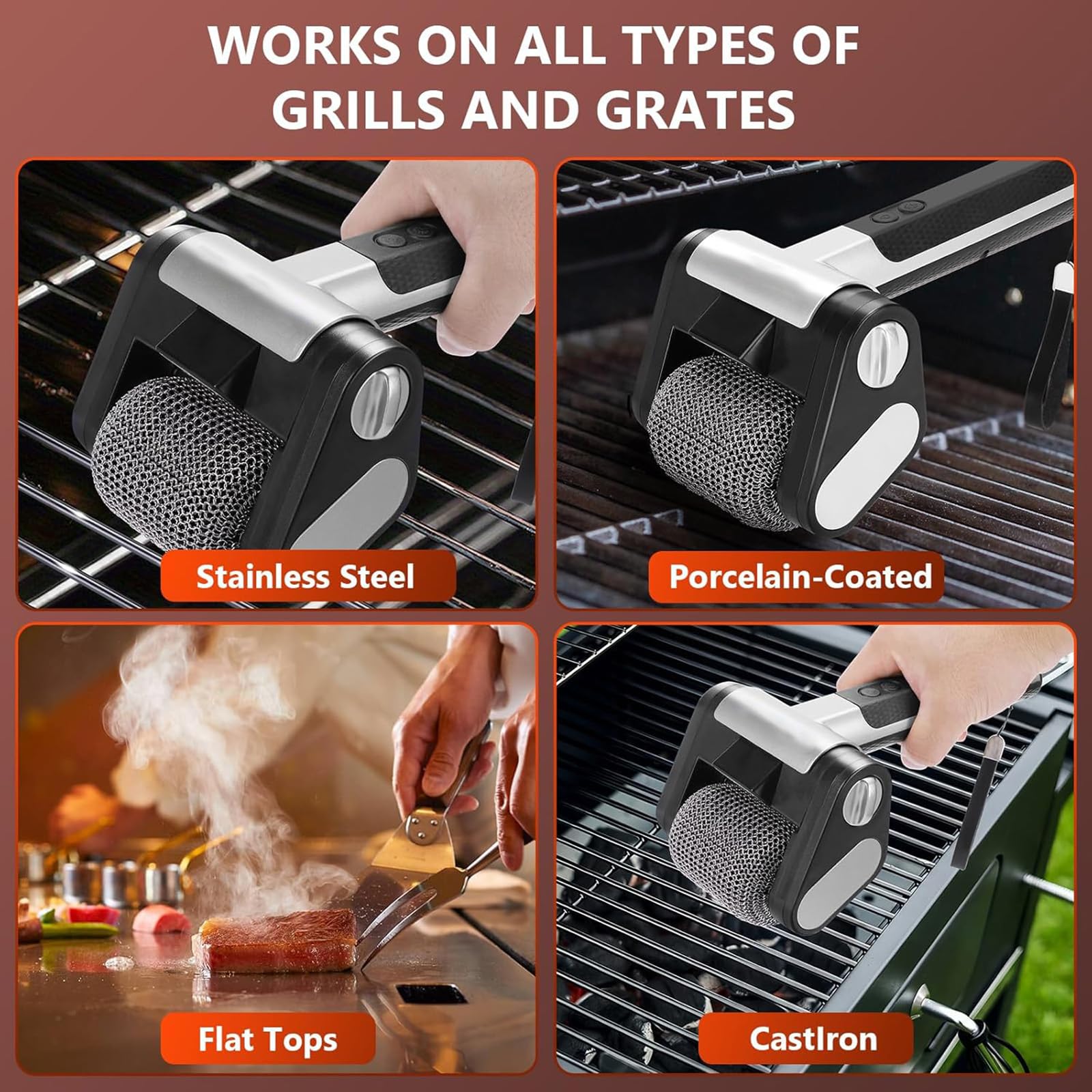 Limpiador eléctrico de parrilla, cepillo recargable para barbacoa con rodillo de acero inoxidable de 350 RPM y luz LED, herramienta sin cerdas para una limpieza eficiente de barbacoas y parrillas