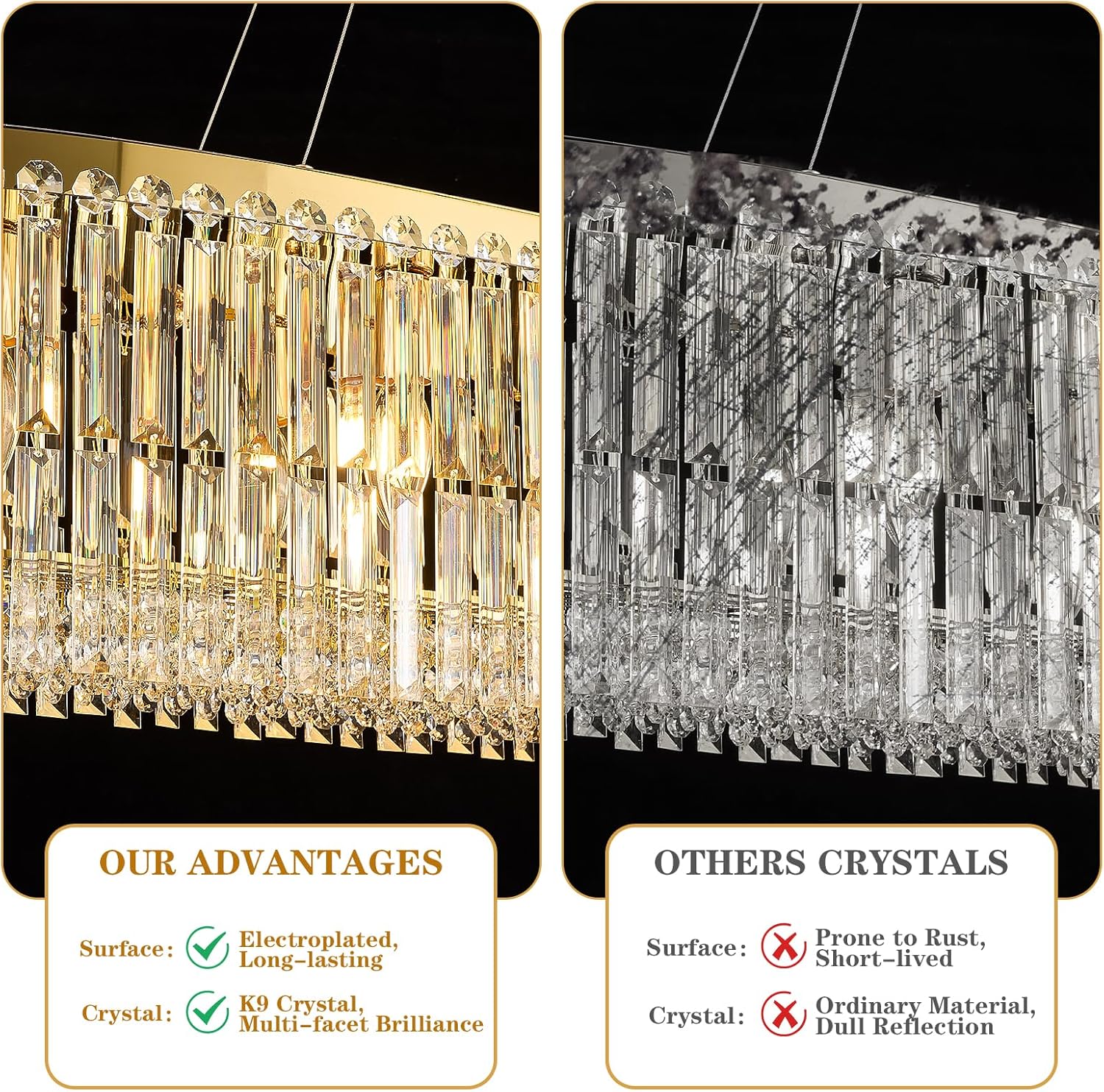 She's home Luxury Oval Gold Crystal Chandelier, Modern Pendant Light with K9 Crystal Rods, Elegant Dining Room Kitchen Island Hanging Light Fixture