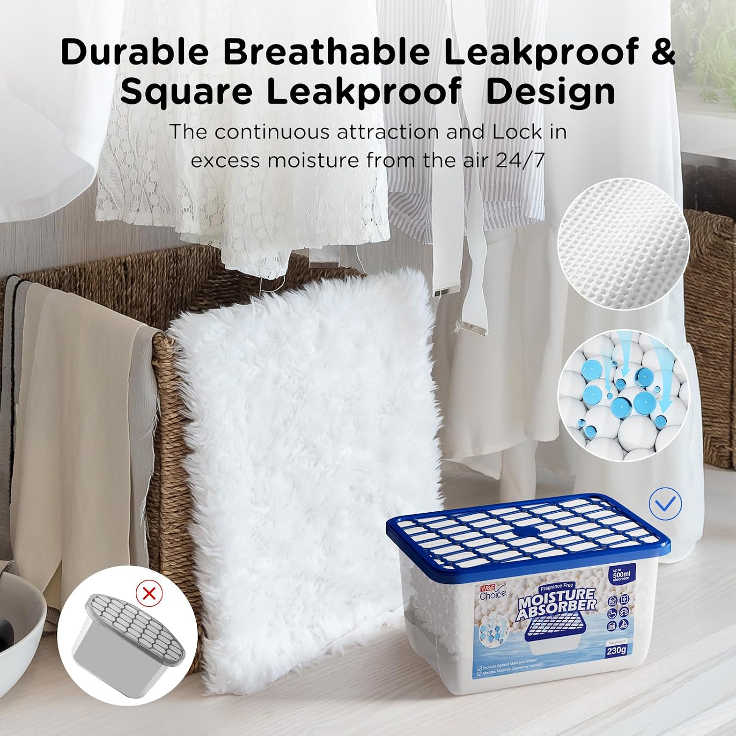 W&E Choice Moisture Absorber, Large Capacity Dehumidifier for Home, Ultra Absorbent Humidity Pack for Closet/Basement/Bathroom, Leak Proof & Stable Rectangular Design, Unscented 6 Pack