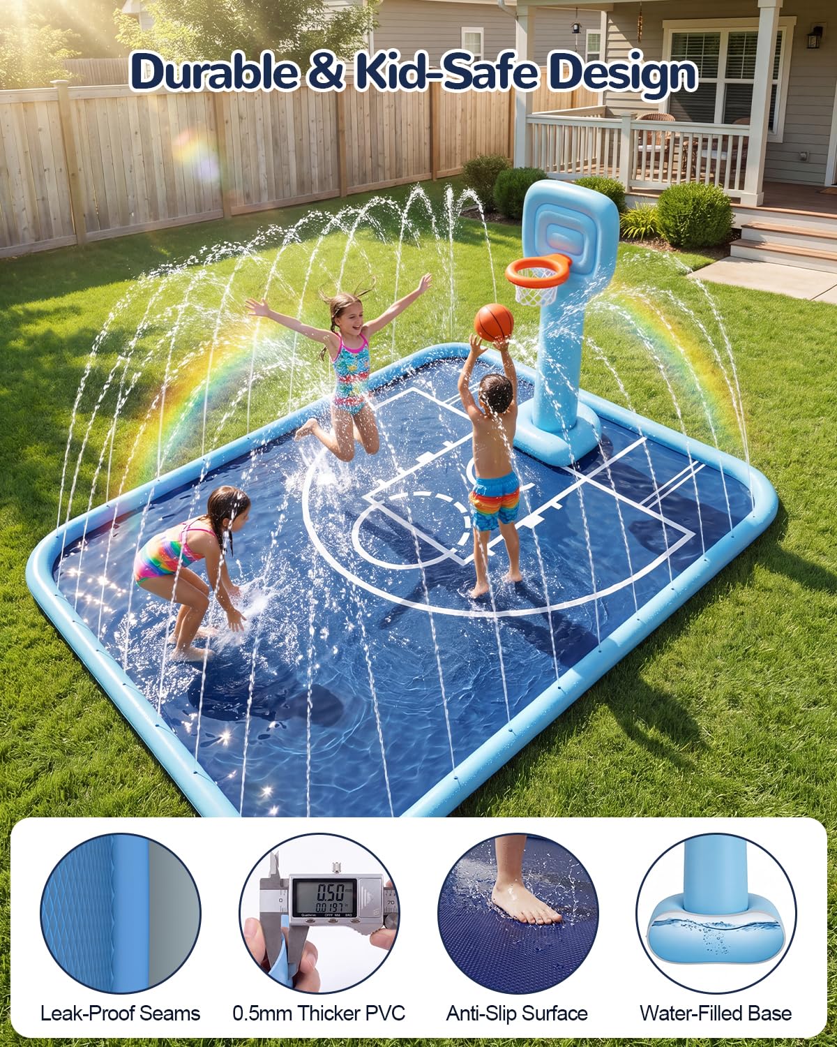 Splash Pad per bambini e cani, grande cuscinetto per irrigatore con canestro da basket, tappetino antiscivolo ispessito, giocattolo d'acqua per bambini e famiglie