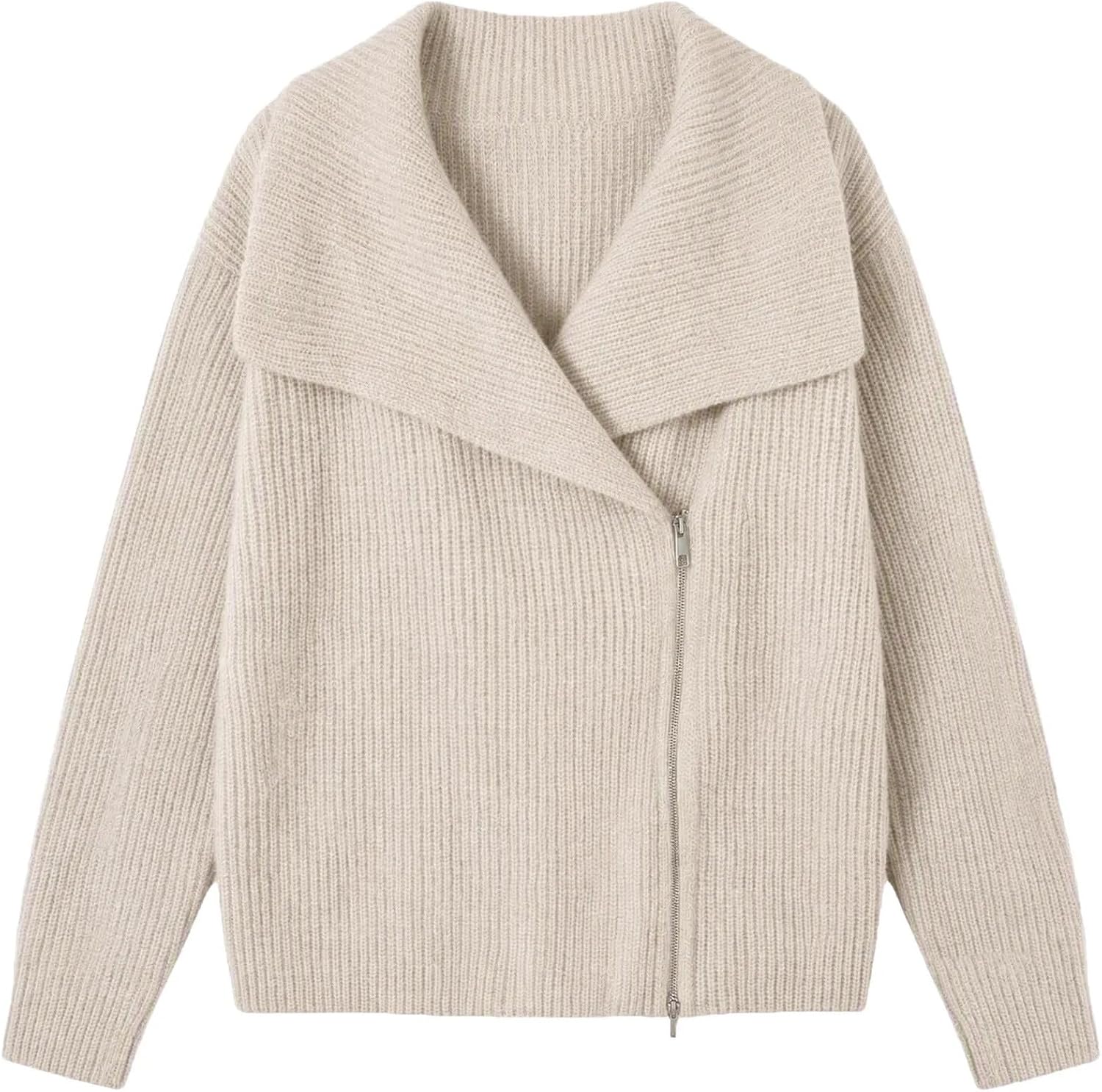 Womens Zip Cardigan Long Sleeve Collared Knit Sweater Jacket