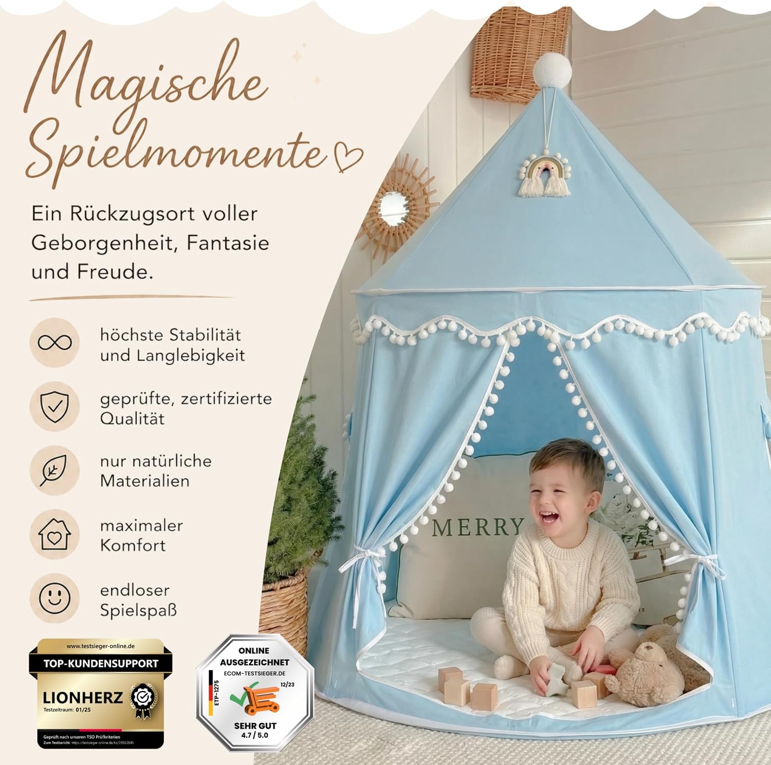 LIONHERZ The Original Play Tent Cotton/Hemp Children's Tent Teepee Indoor | Includes floor mat, decorative rainbow and carry bag, stable thanks to fibreglass poles, breathable, Tippi, girls and boys mit Zubehör Sky Blue